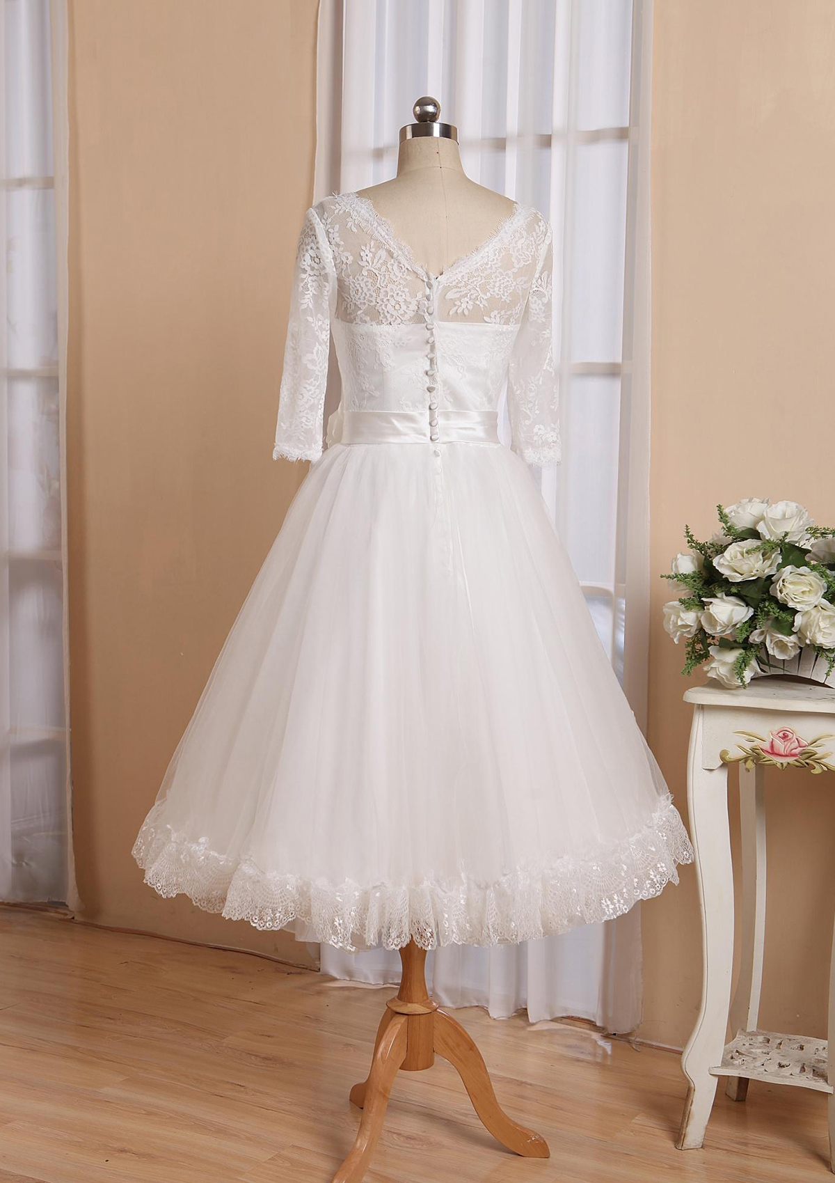 Ivory A-line V Neck Full/Long Sleeve Tea-Length Organza Lace Wedding Dress With Waistband Pleated Flowers - STACEES