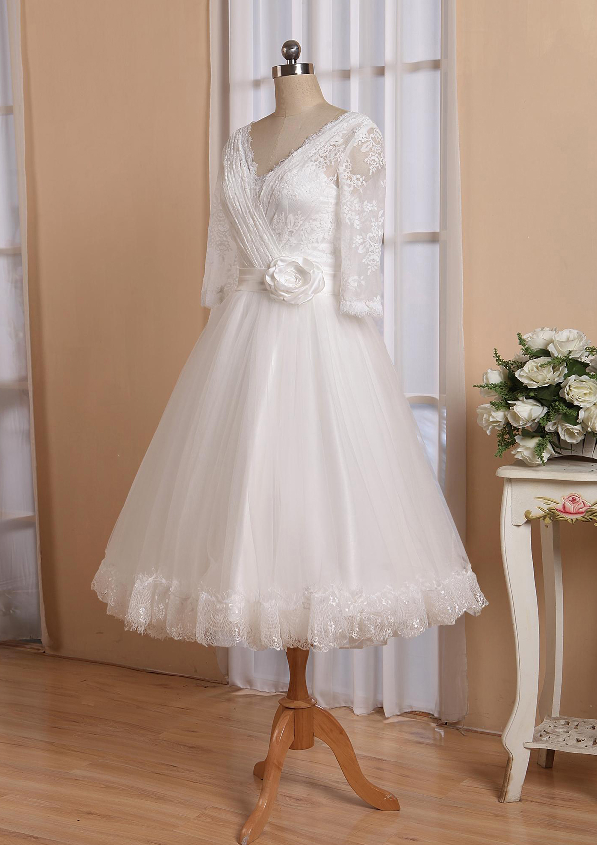Ivory A-line V Neck Full/Long Sleeve Tea-Length Organza Lace Wedding Dress With Waistband Pleated Flowers - STACEES