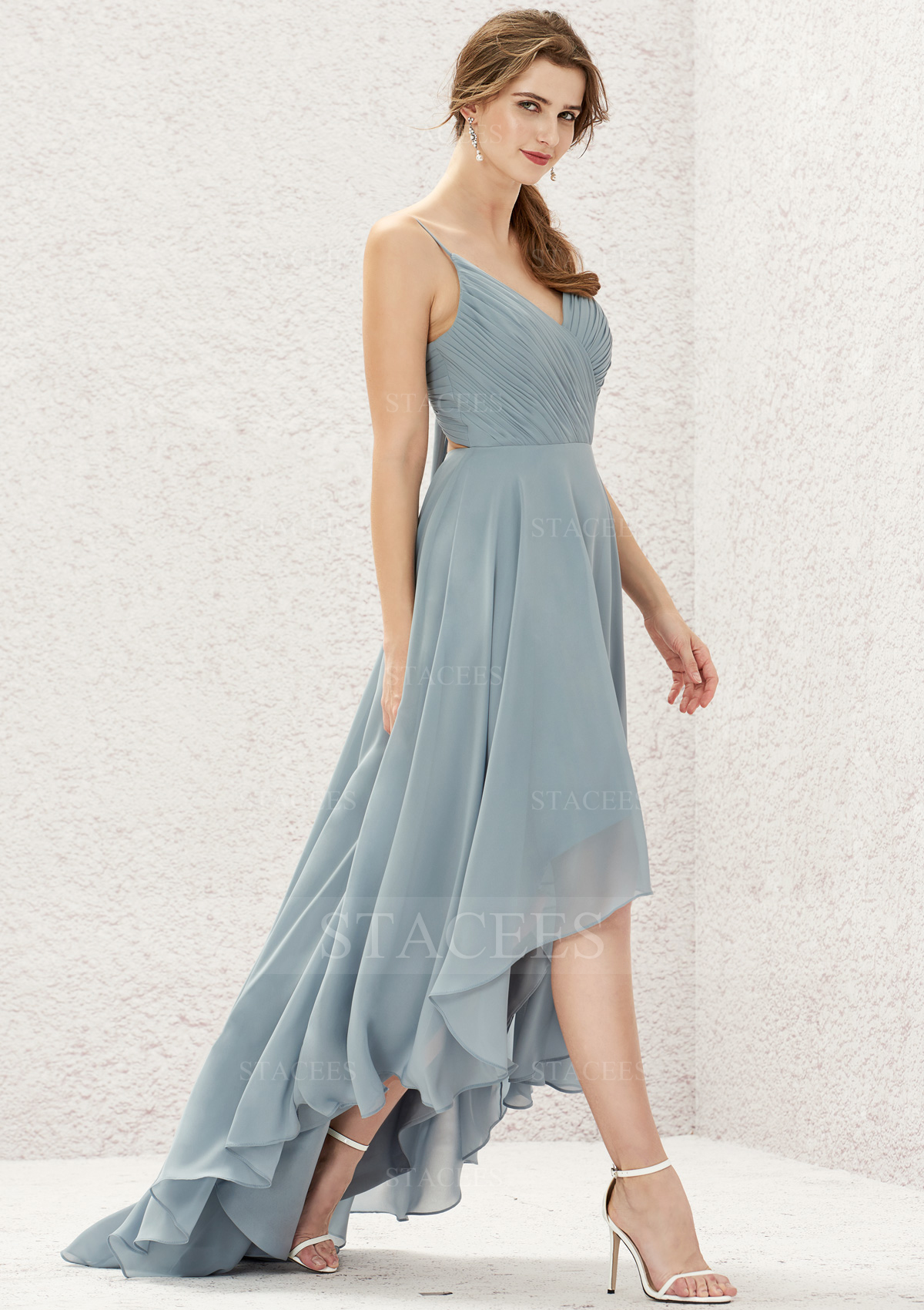 sweetheart tank pleated mesh bridesmaid dress Stacees A-line Asymmetrical Chiffon shoulder style