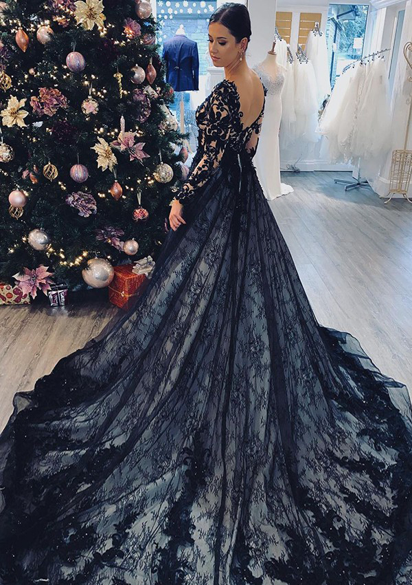 black dress with long train Ball Gown V Neck Full/Long Sleeve Chapel Train Lace Wedding Dress - Wedding  Dresses