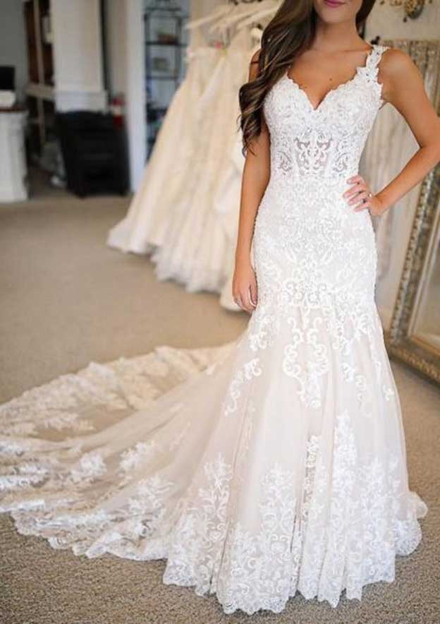 Trumpet/Mermaid V Neck Sleeveless Chapel Train Lace Wedding Dress