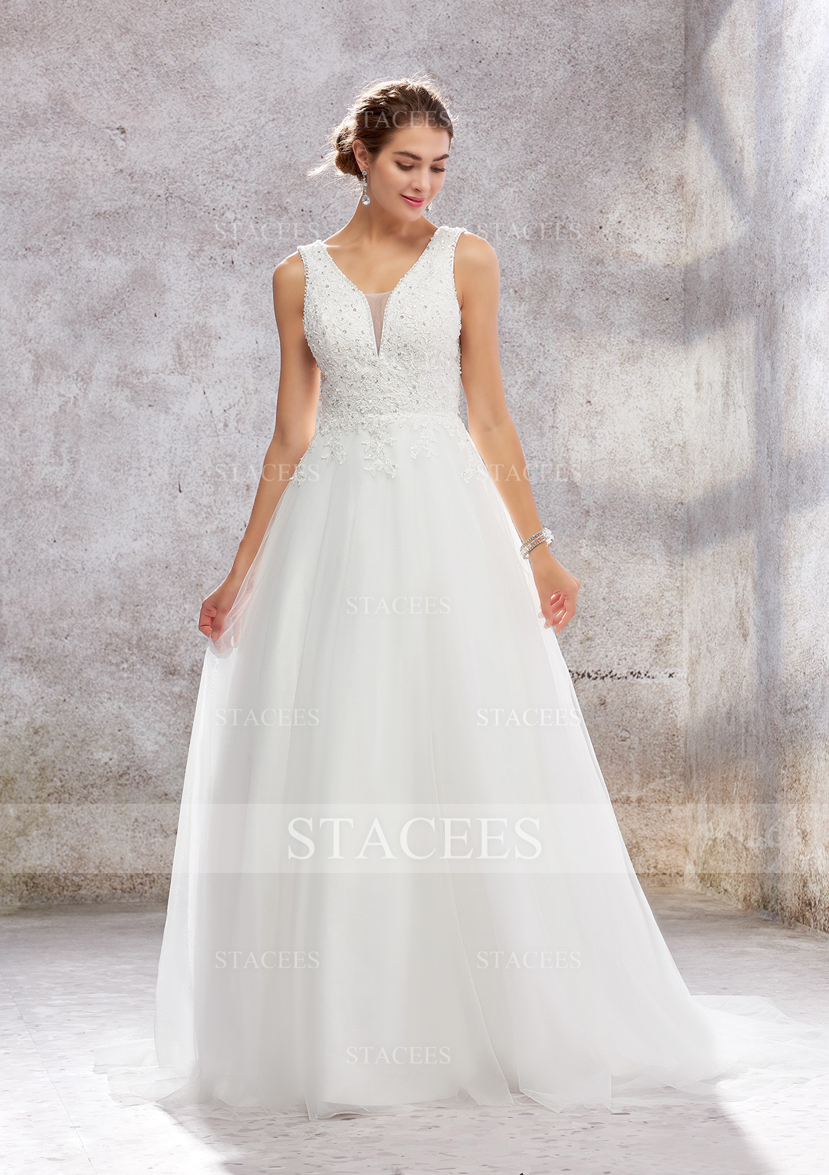 Ivory Ball Gown Princess V Neck Chapel Train Tulle Satin Wedding Dress With Lace Sequins - STACEES
