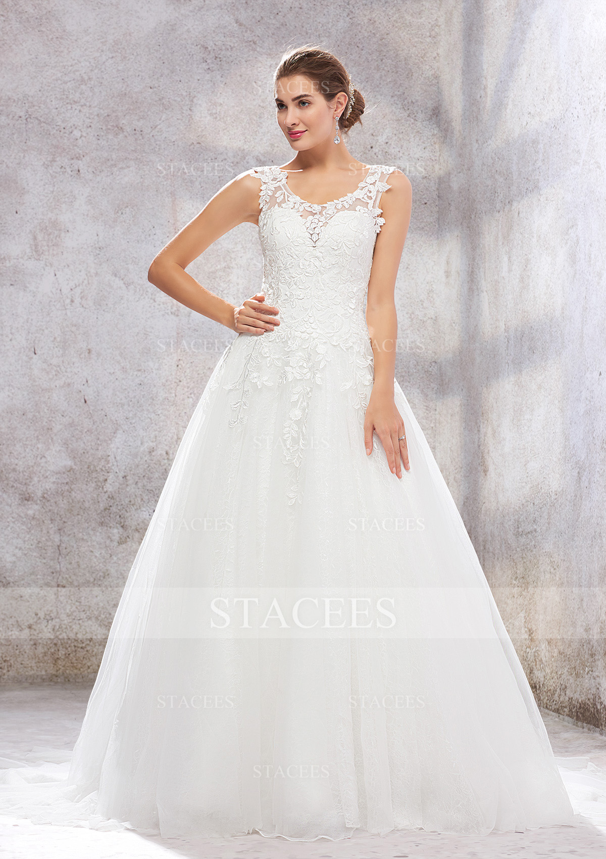 Ivory Ball Gown Princess Scoop Neck Sleeveless Court Train Lace Tulle Wedding Dress - STACEES