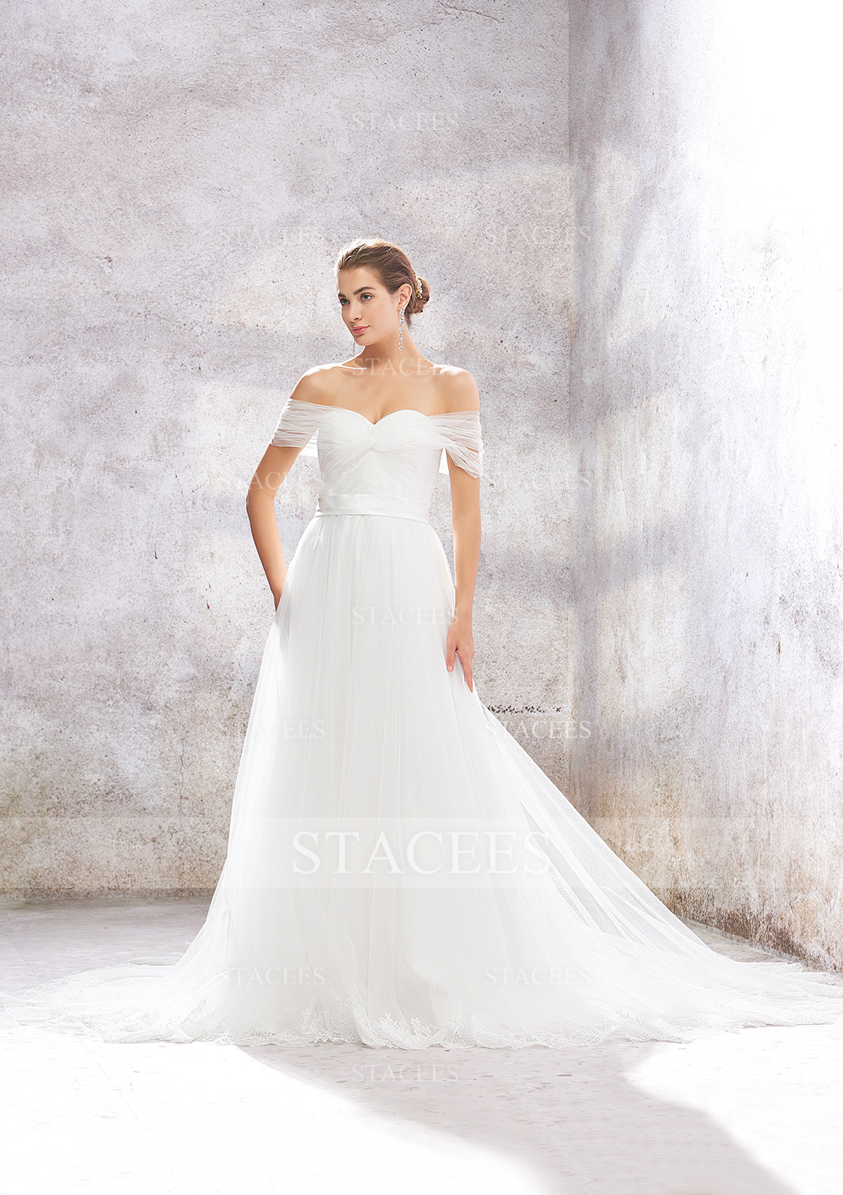 Ivory Princess Ball Gown Off-the-Shoulder Sleeveless Chapel Train Tulle Wedding Dress With Ruffles Waistband - STACEES