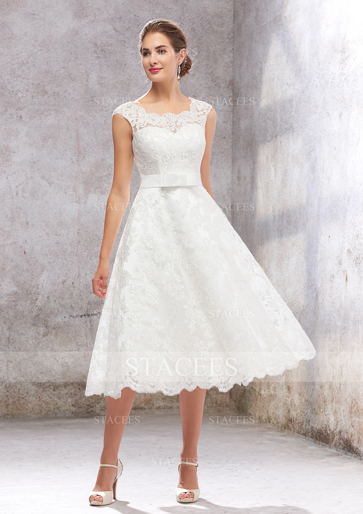 A-line Scalloped Neck Sleeveless Tea-Length Satin Lace Wedding Dress With Bowknot