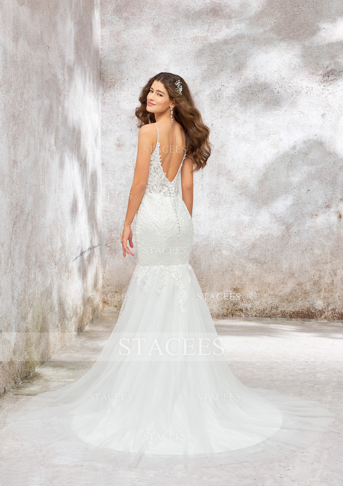 Ivoire Trumpette/Sirène traîne chapelle dentelle tulle robe de mariée avec appliques perle - STACEES