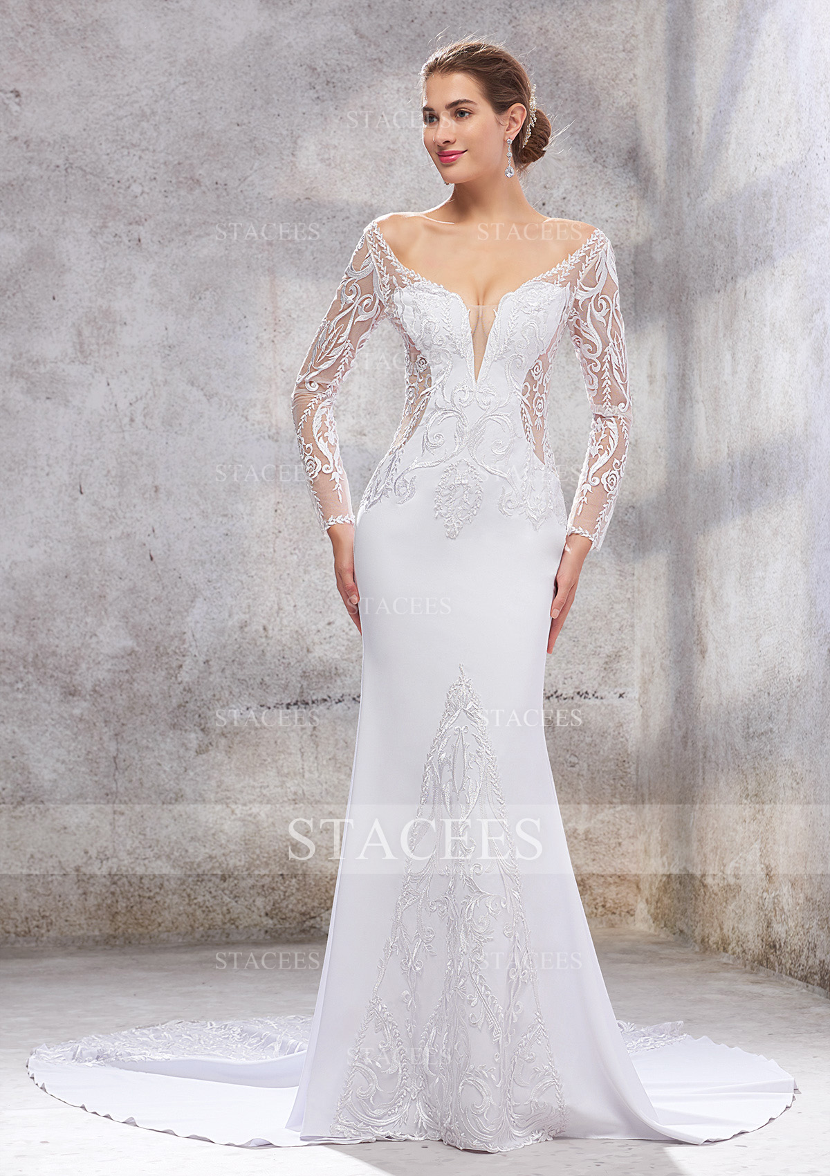 White Trumpet/Mermaid Off-the-Shoulder Full/Long Sleeve Chapel Train Stretch Crepe Wedding Dress With Embroidery - STACEES