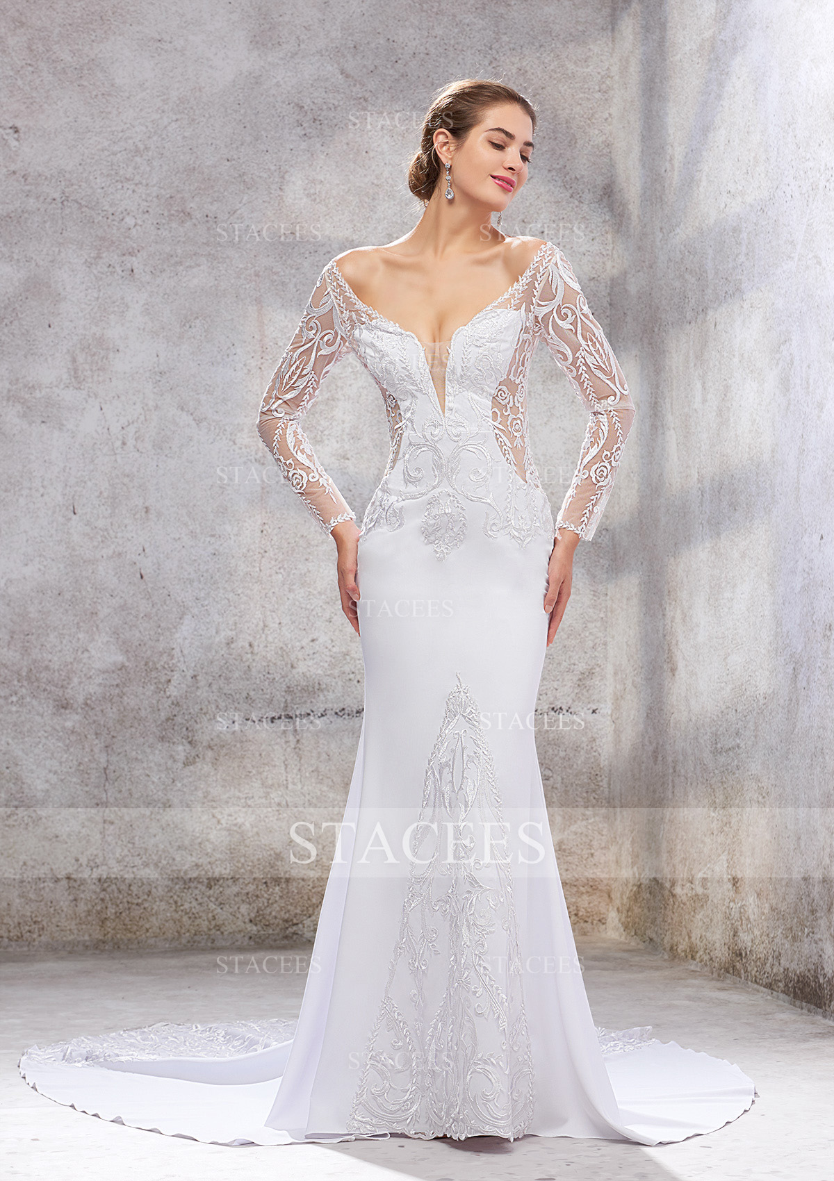 long sleeve off-the-shoulder trumpet wedding dress Missacc Ivory Bride Trumpet/Mermaid Off-The-Shoulder Long Sleeves Lace Wedding Dresses