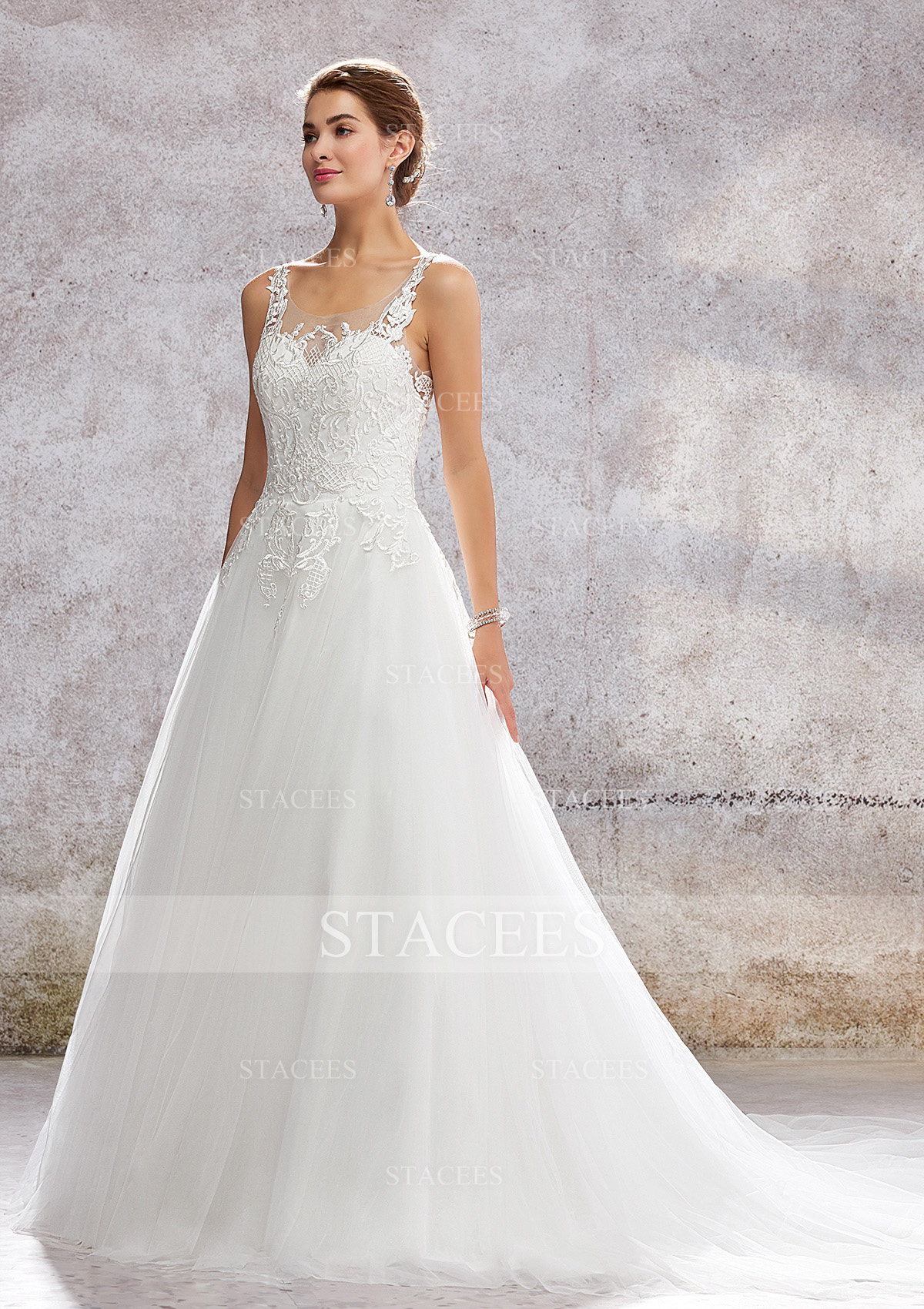 Ivory Princess A-line Illusion Neck Sleeveless Chapel Train Tulle Satin Wedding Dress With Embroidery - STACEES