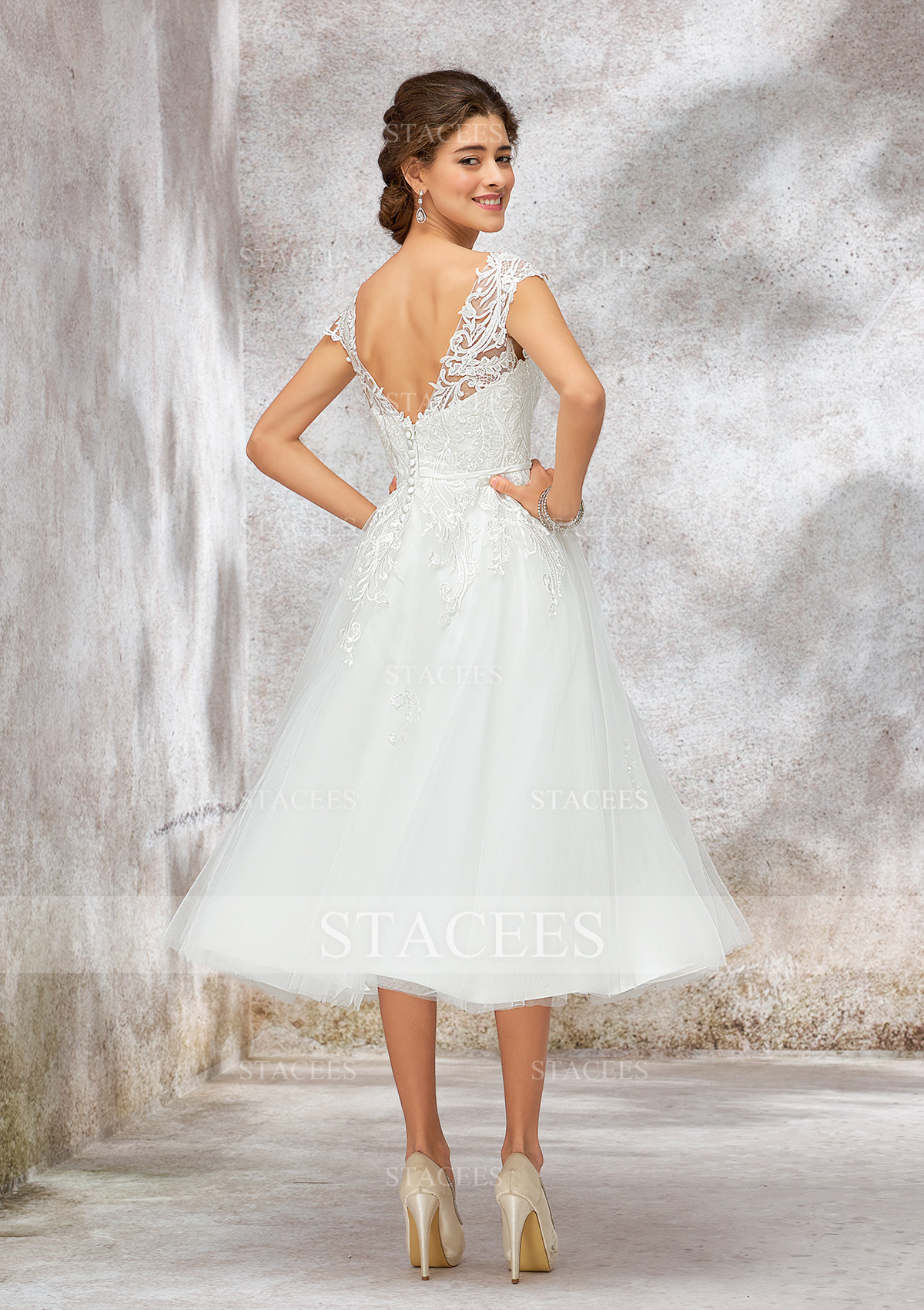 tea length wedding dress lace Stacees Wedding Dress A-line V Neck Tea-Length Lace Tulle Waistband