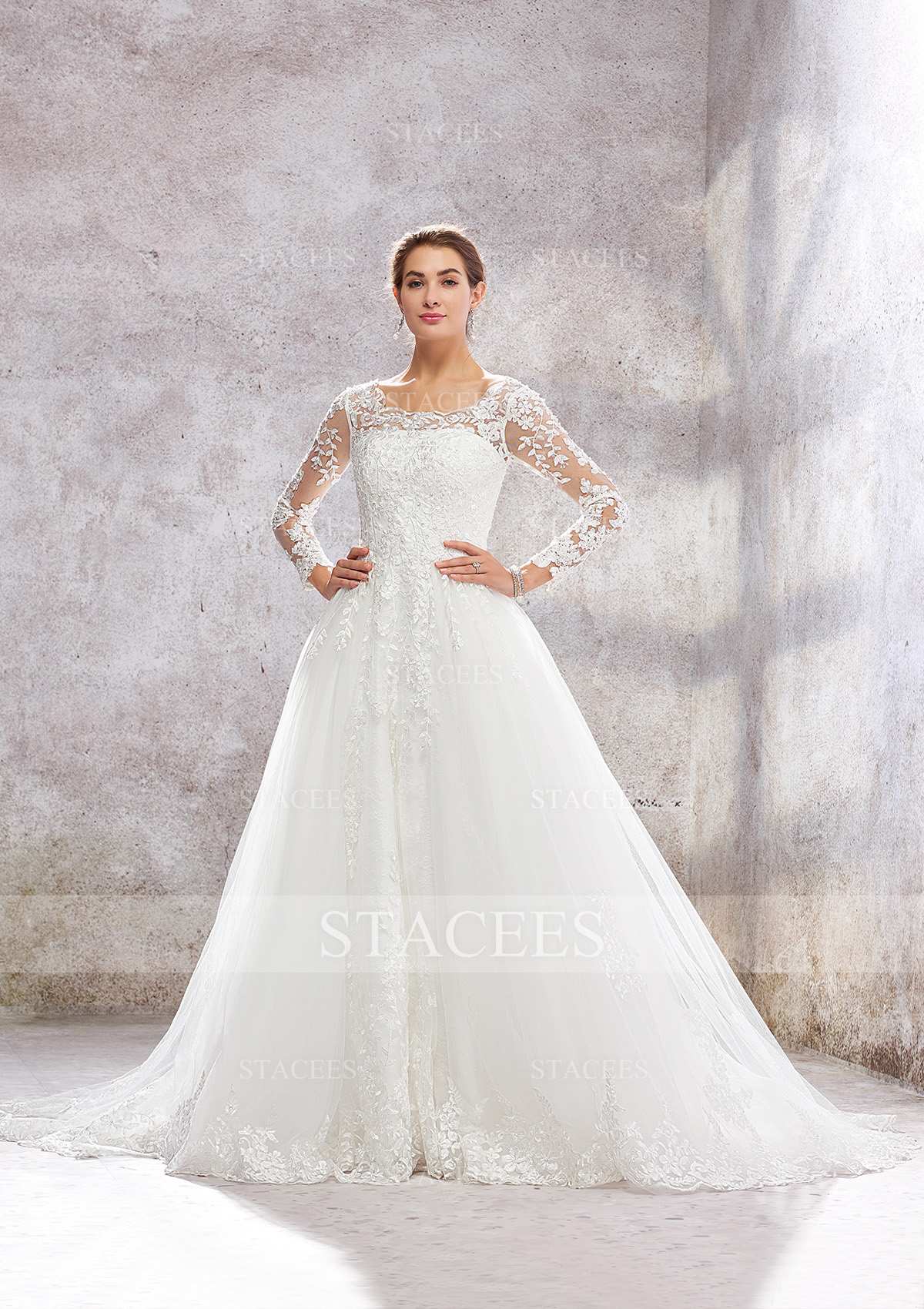 Ivory Ball Gown Princess A-line Scoop Neck Full/Long Sleeve Court Train Lace Tulle Wedding Dress With Beading Sequins - STACEES