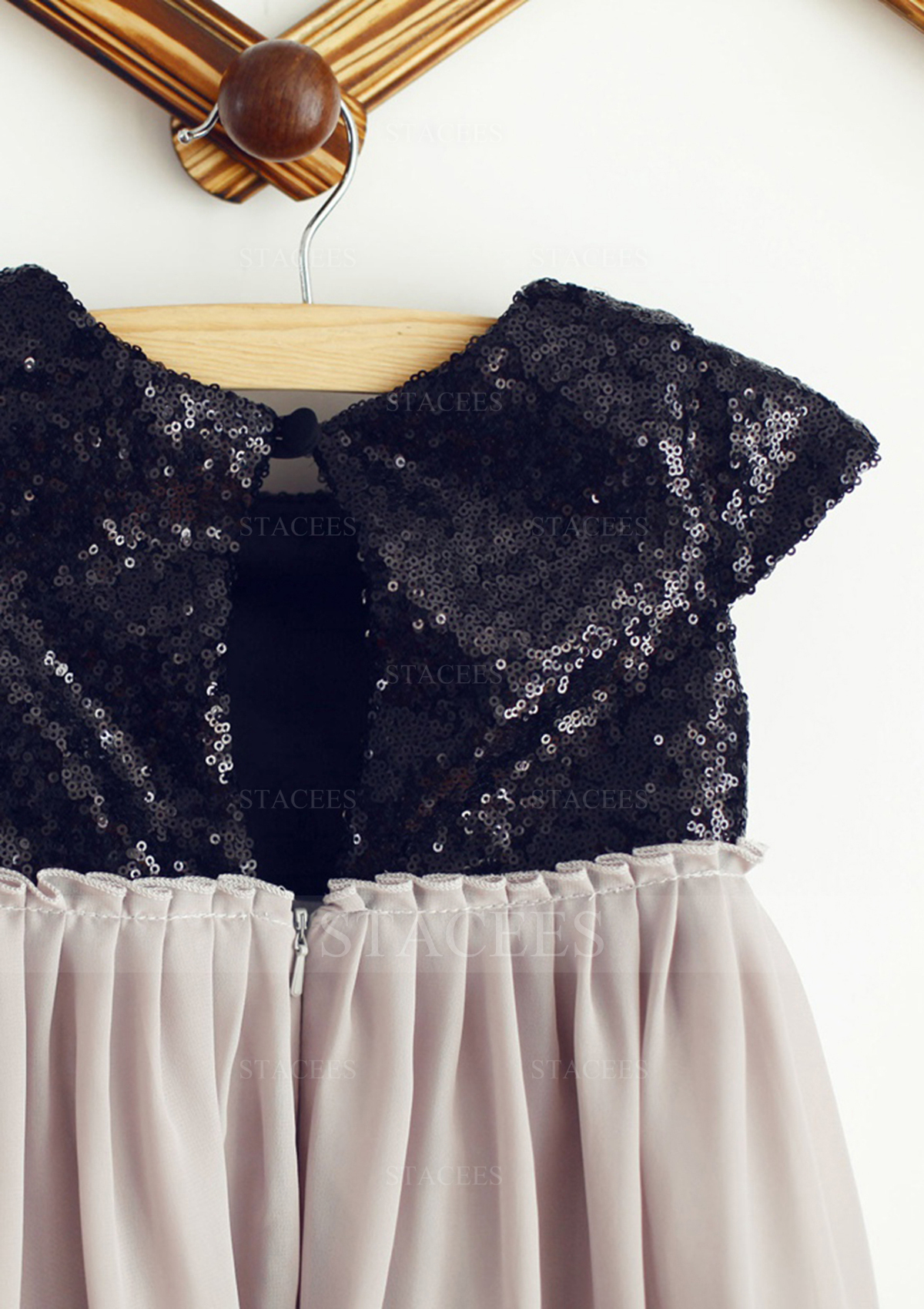 As Picture A-line/Princess Short Sleeve Cowl Neck Knee-Length Chiffon Sequined Flower Girl Dress - STACEES