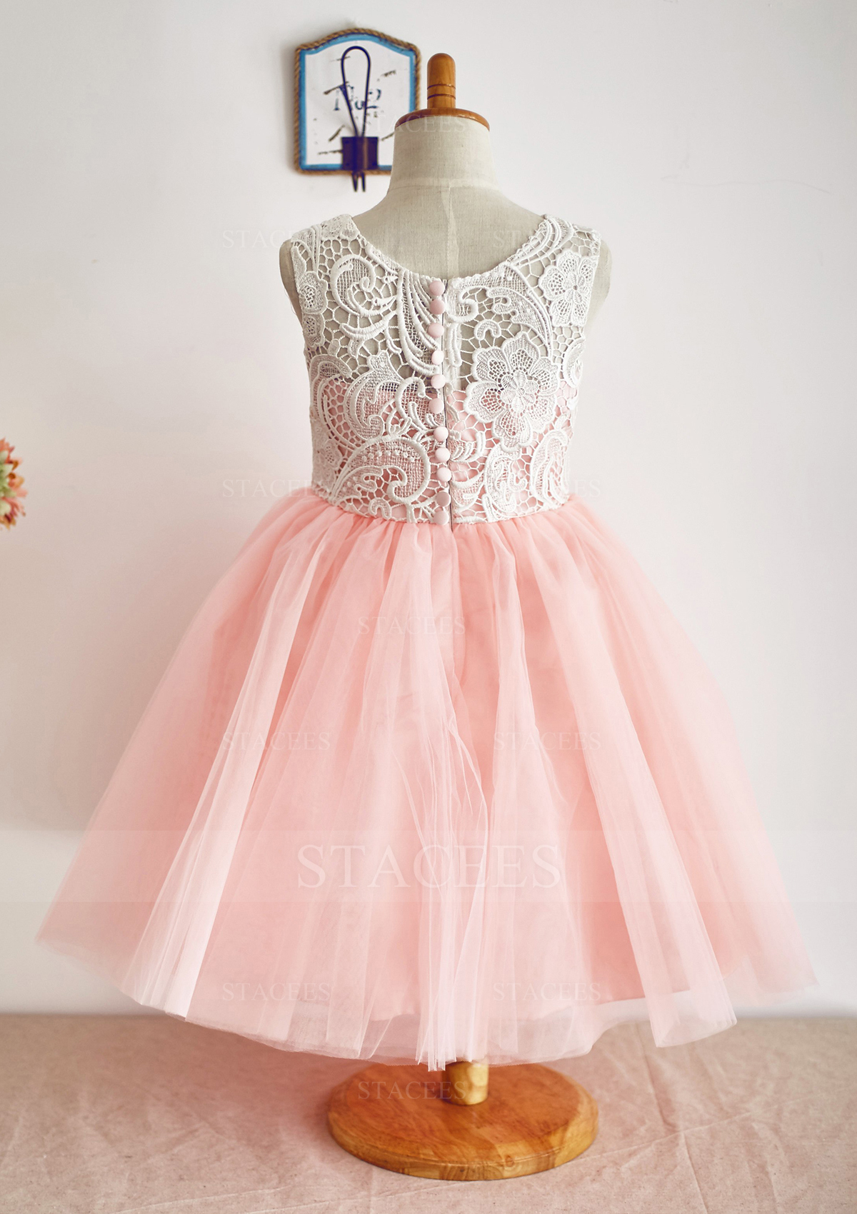 Blushing Pink Ball Gown Scoop Neck Ankle-Length Lace Tulle Flower Girl Dress - STACEES