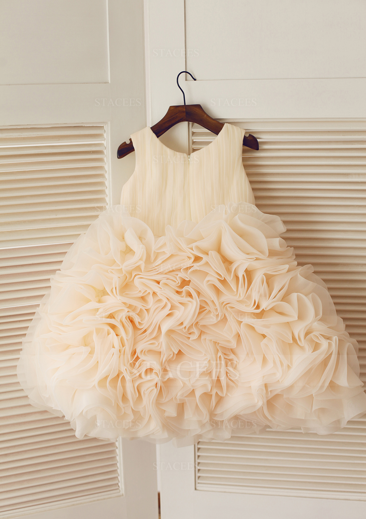 Champagne Ball Gown Scoop Neck Knee-Length Organza Wedding Party Dress With Ruffles - STACEES