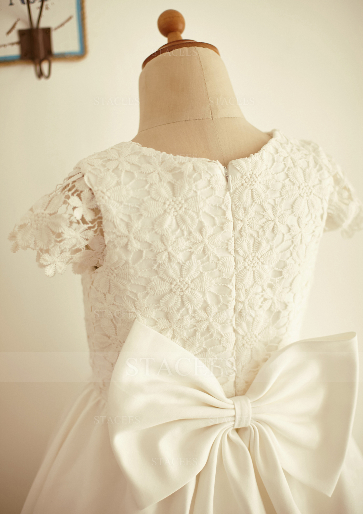 As Picture A-line/Princess Short Sleeve Scoop Neck Tea-Length Lace Cotton Flower Girl Dress With Bowknot - STACEES