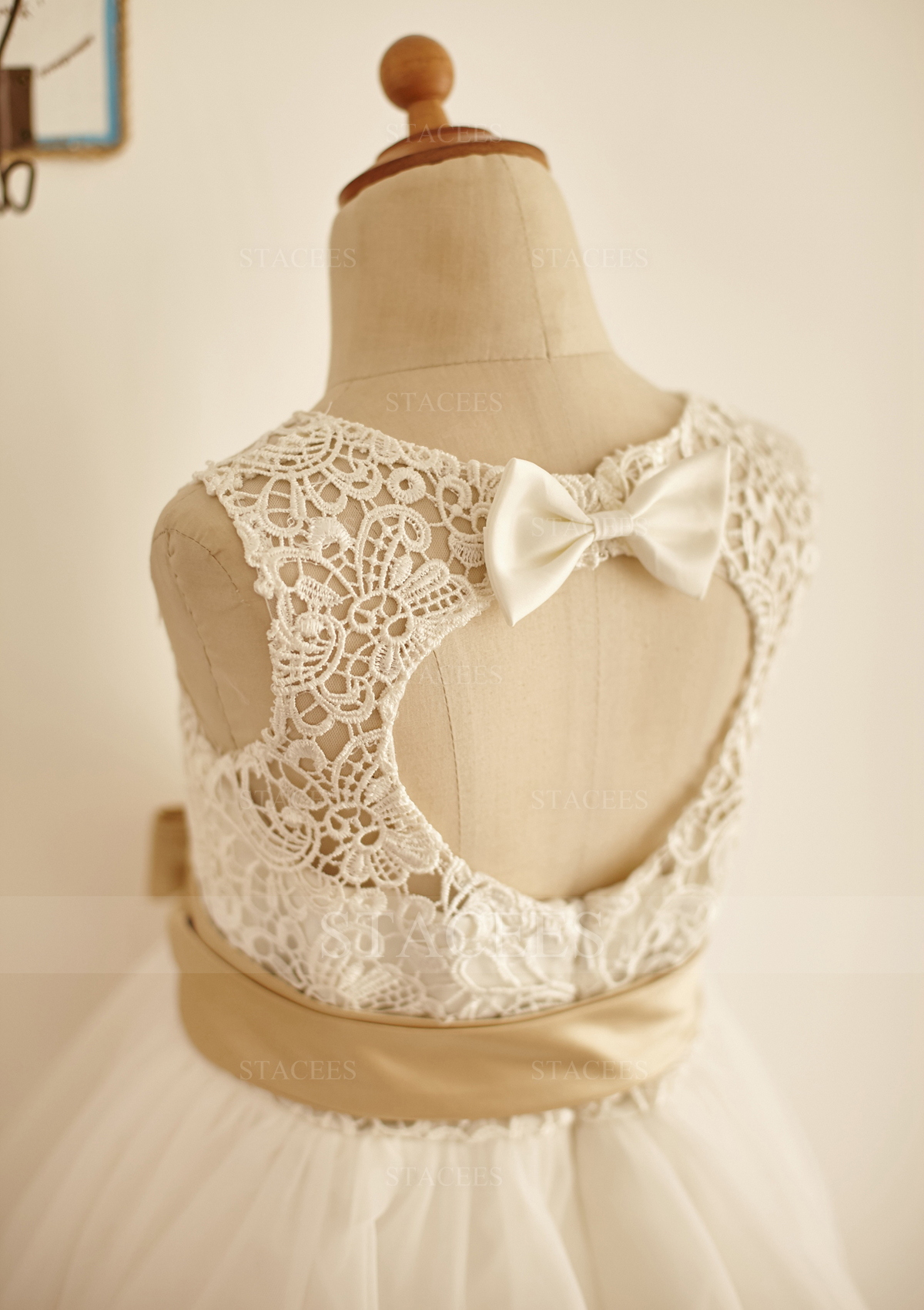 Ivory Ball Gown Illusion Neck Long/Floor-Length Lace Tulle Flower Girl Dress With Sashes - STACEES
