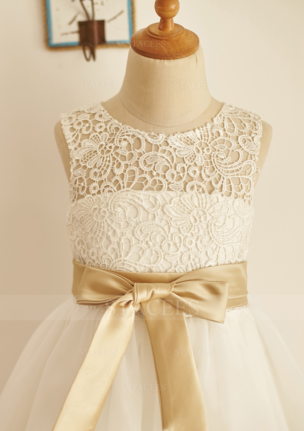 Ivory Ball Gown Illusion Neck Long/Floor-Length Lace Tulle Flower Girl Dress With Sashes - STACEES