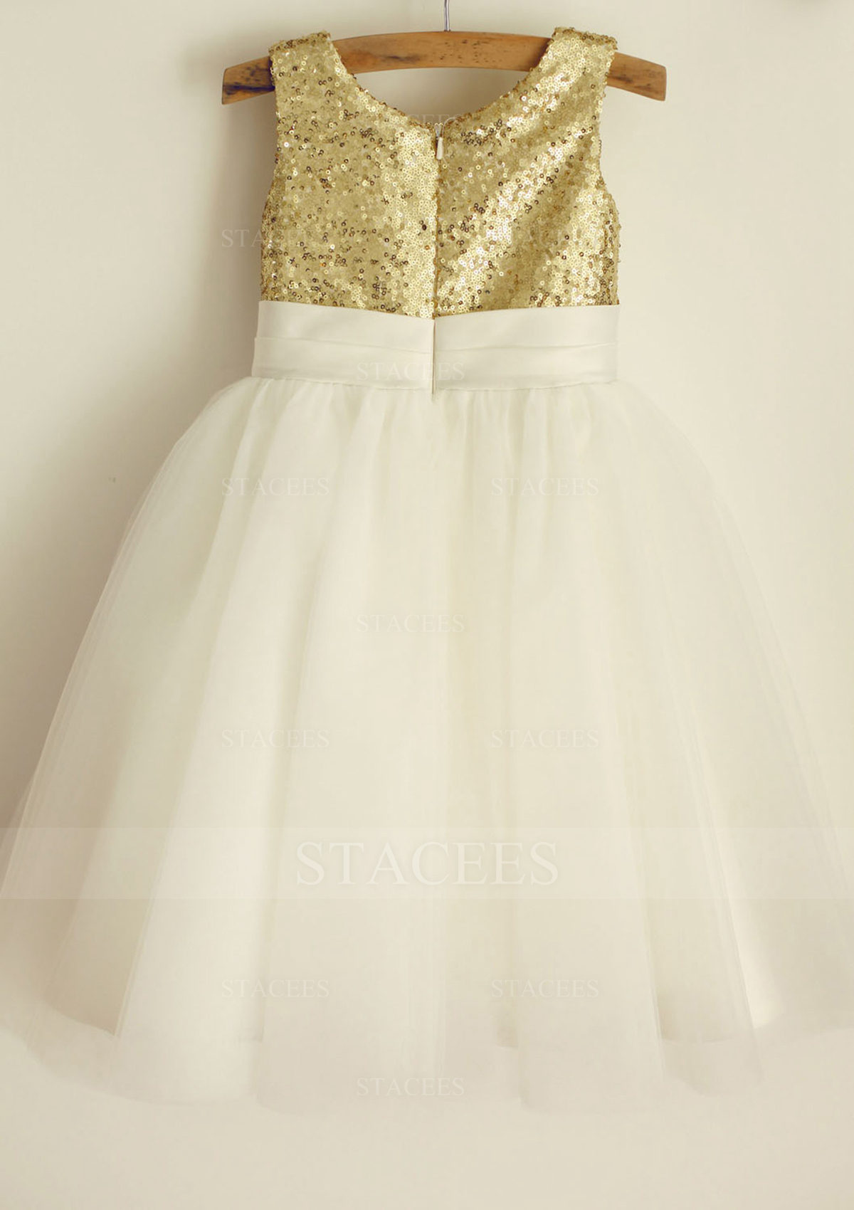 Ivory Beautiful Sequined Top Tulle Flower Girl Dress With Flowers - STACEES