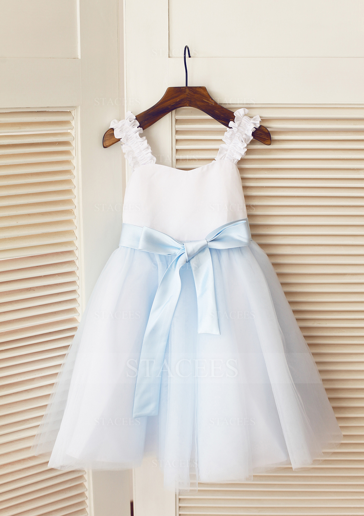 A-line/Princess Square Neckline Knee-Length Satin Tulle Flower Girl Dress With Sashes