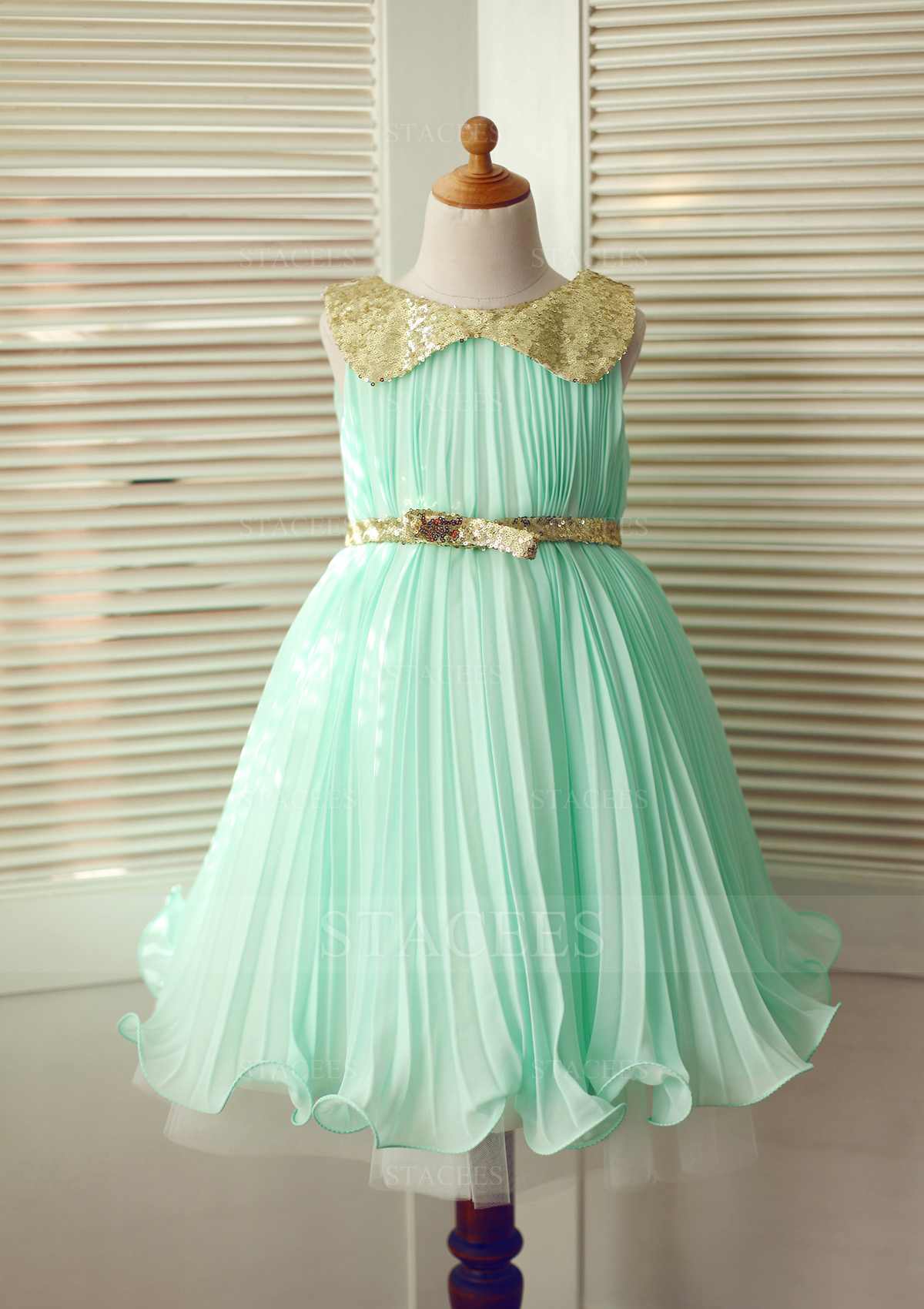 Verde Menta Vestido línea a/princesa escote redondo gasa hasta la rodilla vestido de pajecitas - STACEES