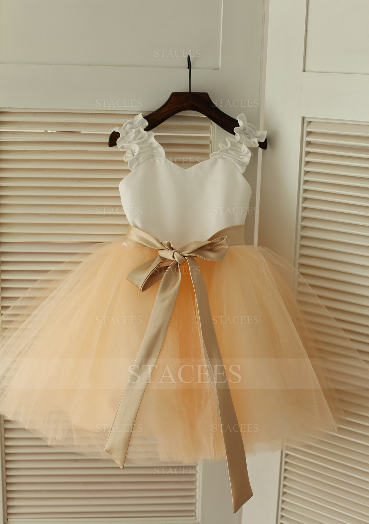 Champagne A-line/Princess Sweetheart Knee-Length Satin Tulle Flower Girl Dress With Sashes - STACEES