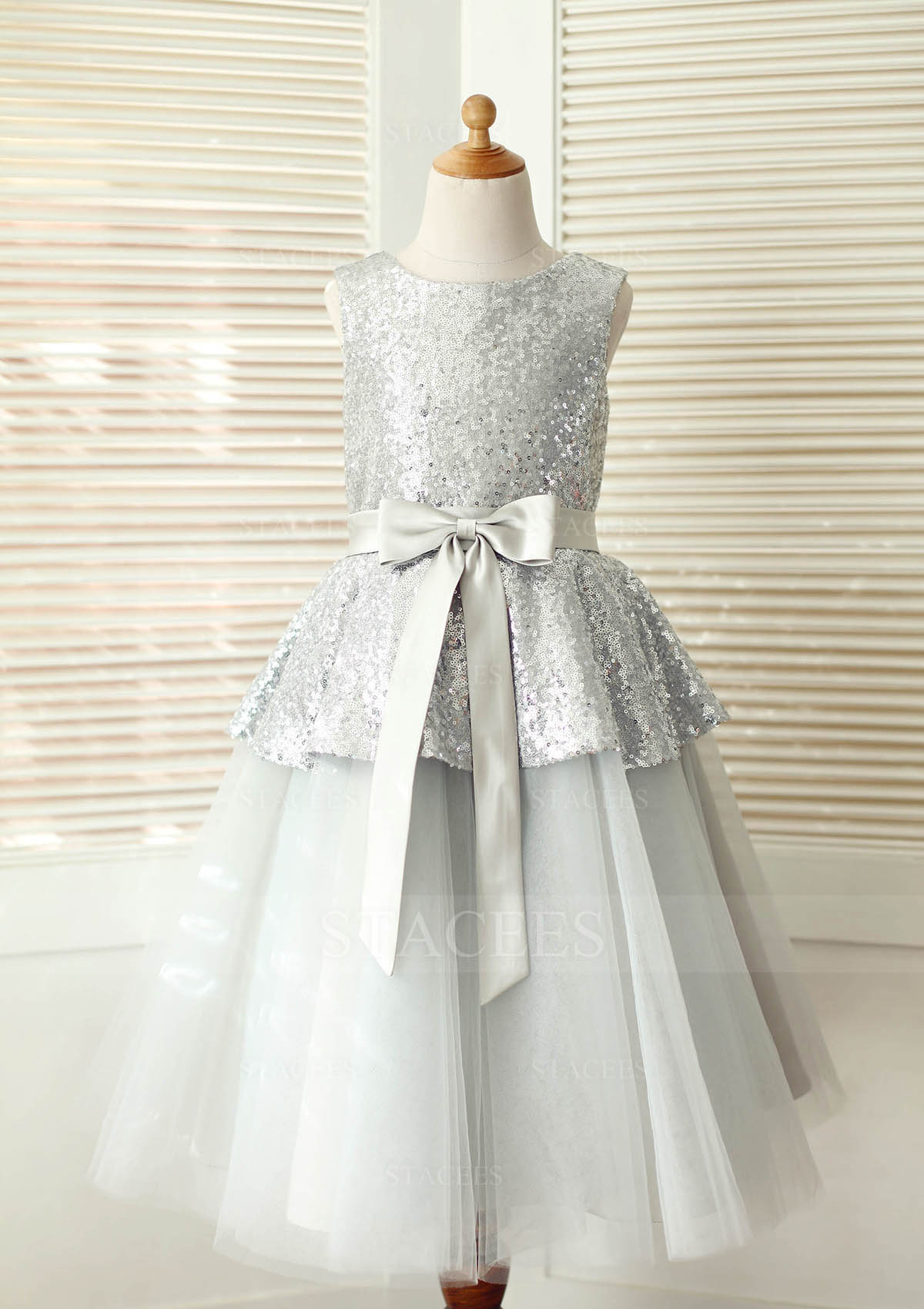 Plata Vestido línea a/princesa escote redondo tul lentejuelas hasta la tibia vestido de pajecitas - STACEES