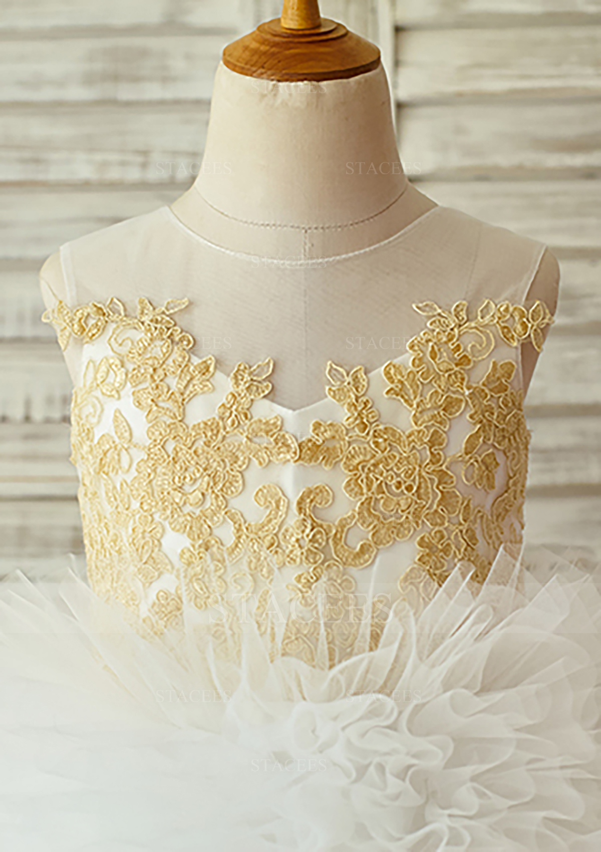 Blanc Robe marquise col Illusion dentelle tulle longueur genou robe de fille de fleur - STACEES