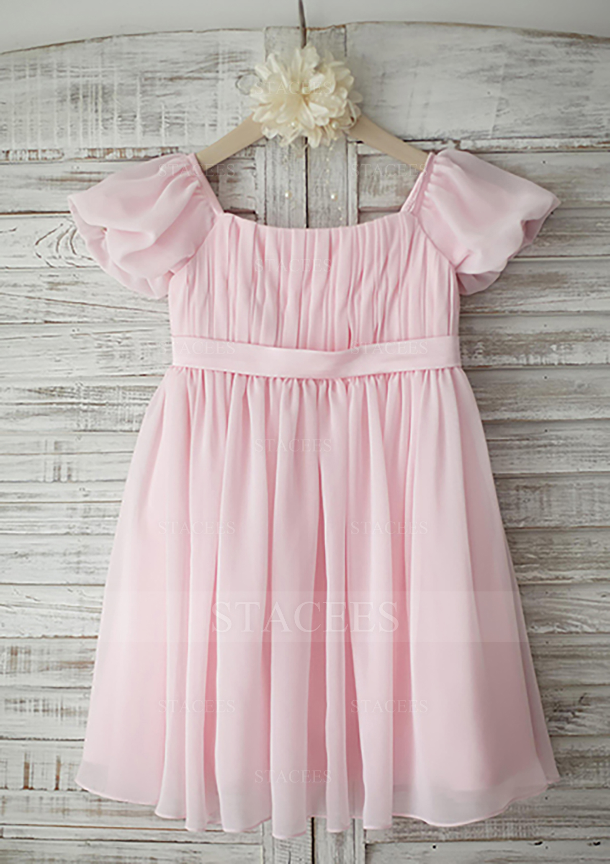 A-line/Princess Short Sleeve Square Neckline Tea-Length Chiffon Flower Girl Dress