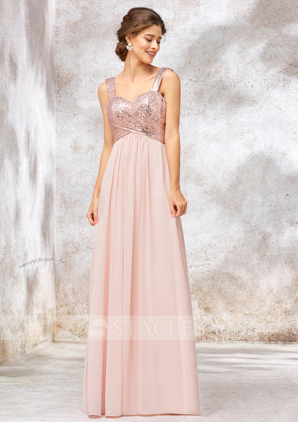 A-line Sweetheart Sleeveless Sequined Chiffon Long/Floor-Length Bridesmaid Dress With Pleated