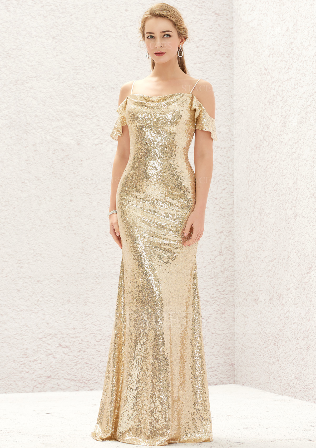 Sheath/Column Off-the-Shoulder Sleeveless Sweep Train Sequined Bridesmaid Dress With Pleated