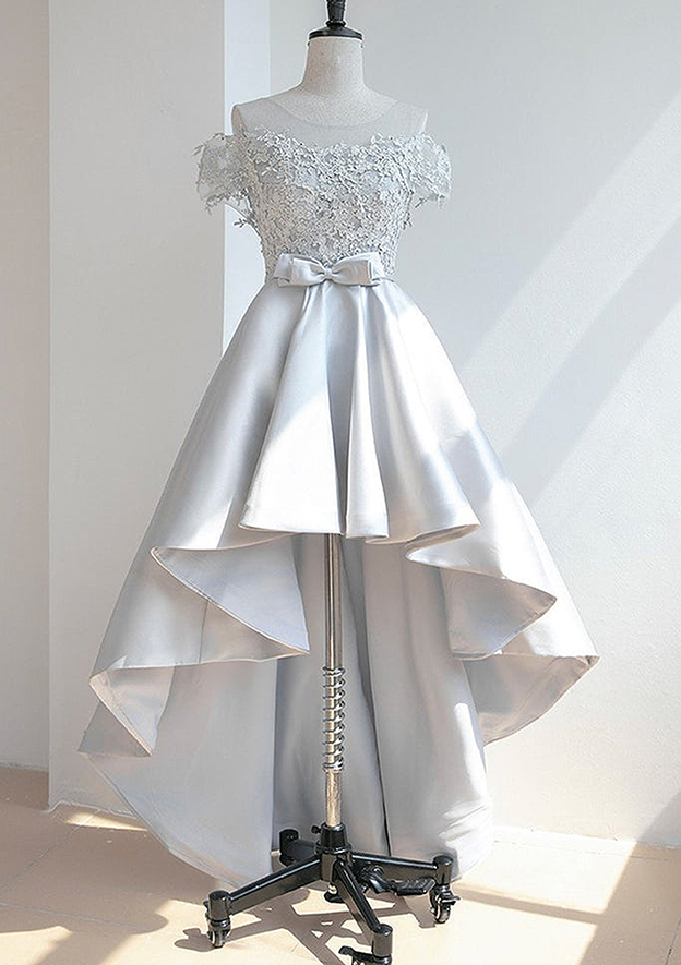 illusion neckline homecoming dresses A-line Neck Short Sleeve Satin Asymmetrical Dress With Appliqued Waistband partydresses