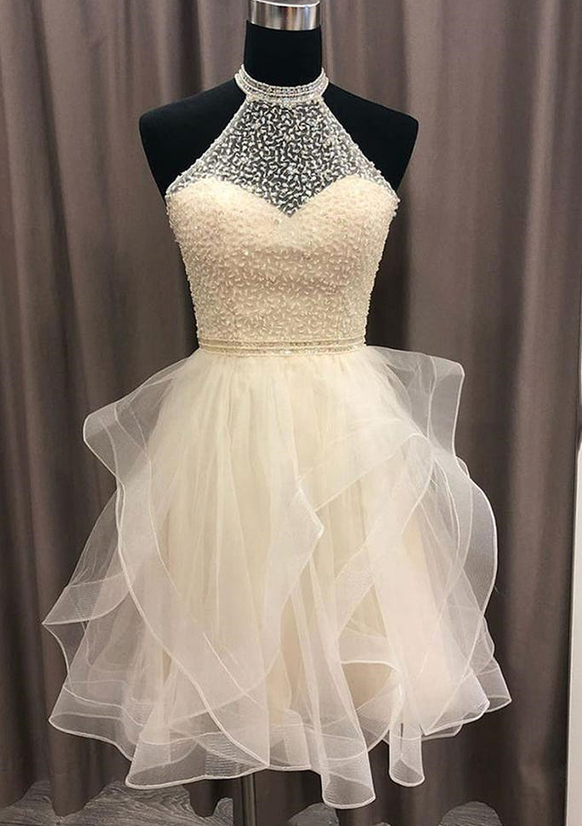 Ivory A-line High-Neck Sleeveless Organza Short/Mini Homecoming Dress With Beading - STACEES