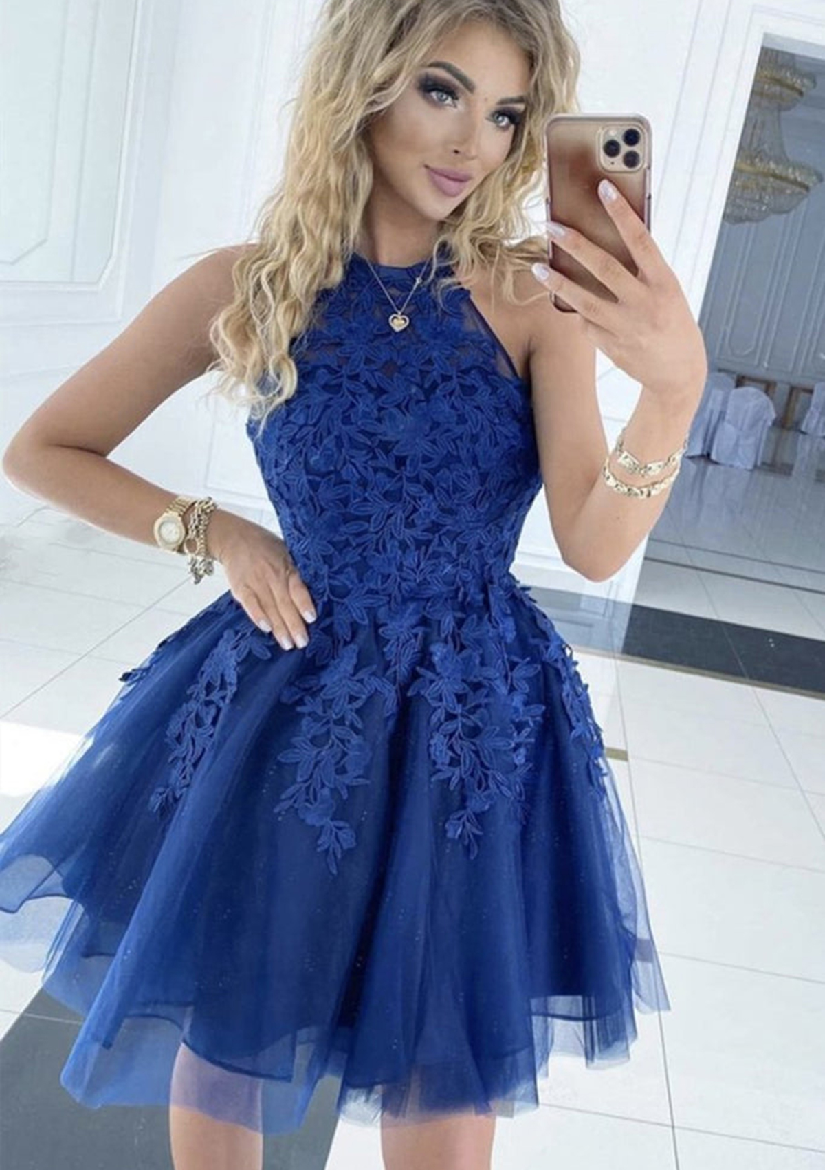 As Picture Charming Halter A-line Lace Tulle Short Homecoming Dress With Beading - STACEES