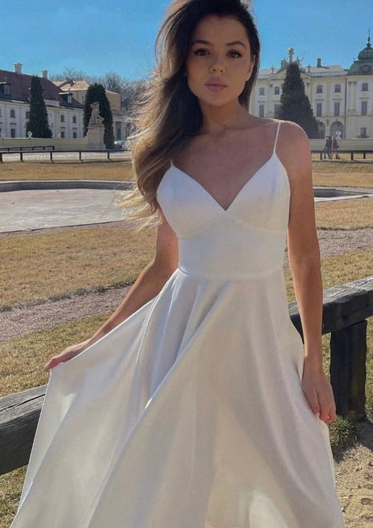ivory dresses for homecoming A-line V Neck Sleeveless Satin Tea-Length Dress Coastal Fall Outfit