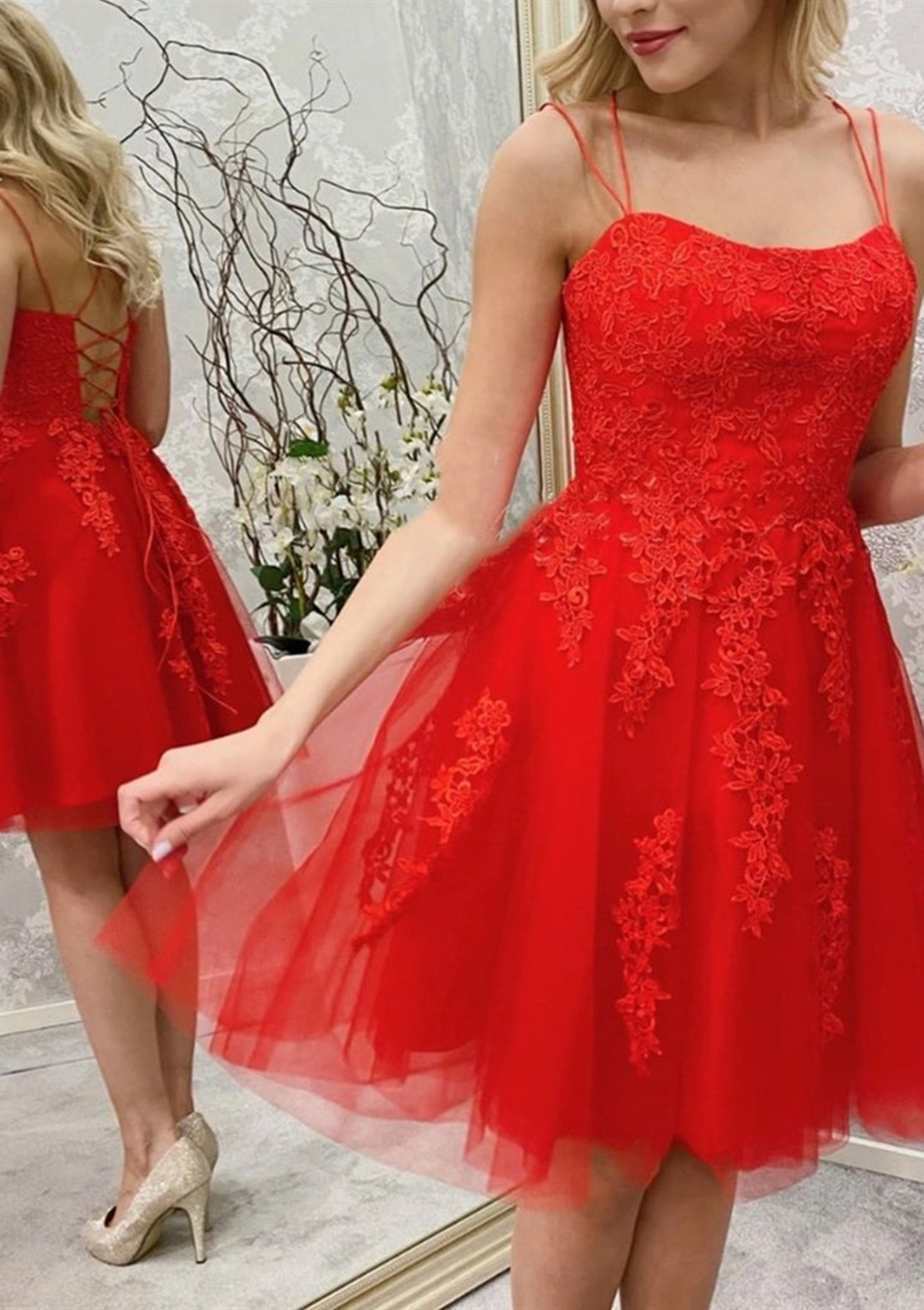 Red Short/Mini A-line Bateau Lace Tulle Homecoming Dress With Beading - STACEES