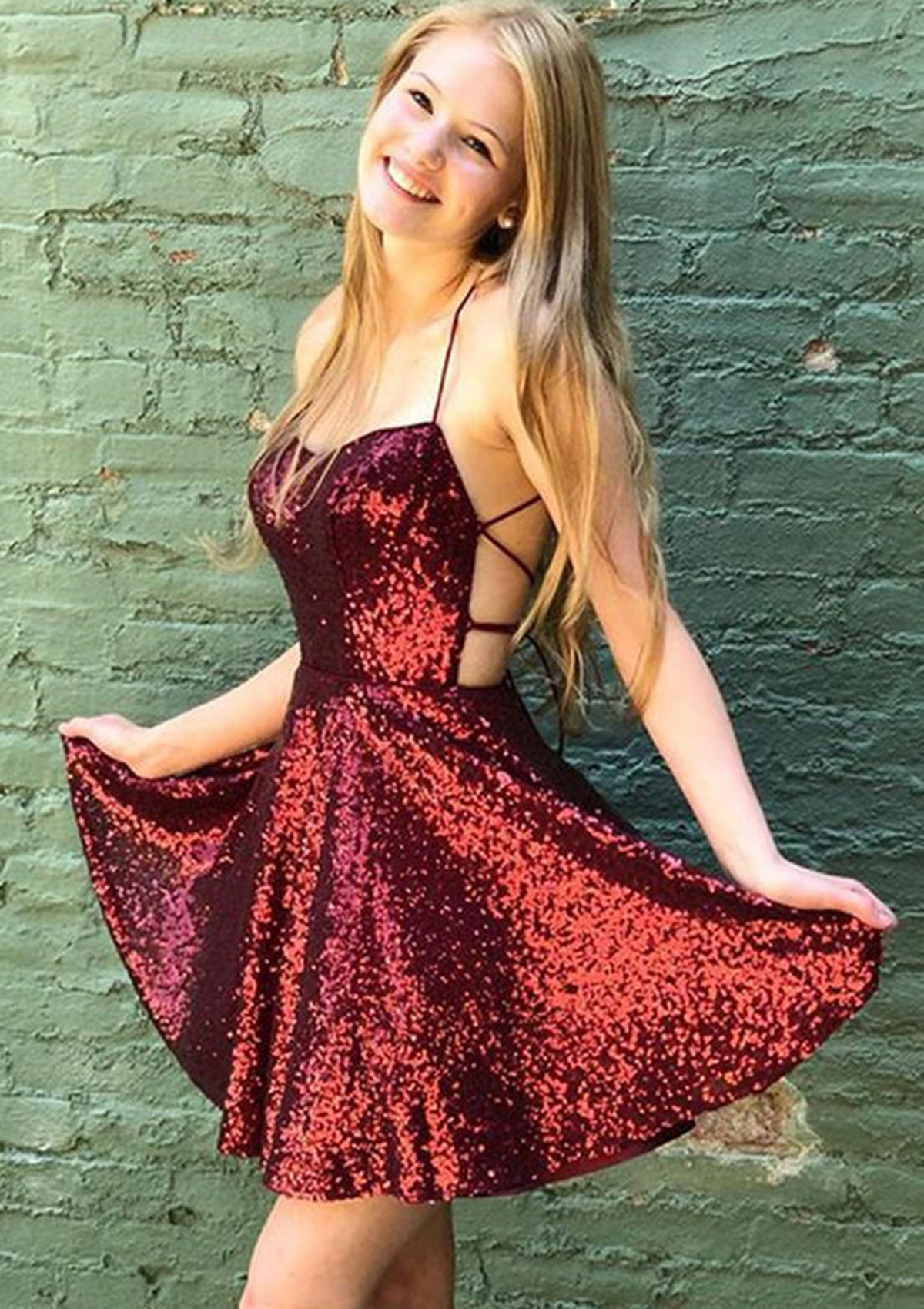 Burgundy A-line Sweetheart Short/Mini Sequined Homecoming Dress - STACEES