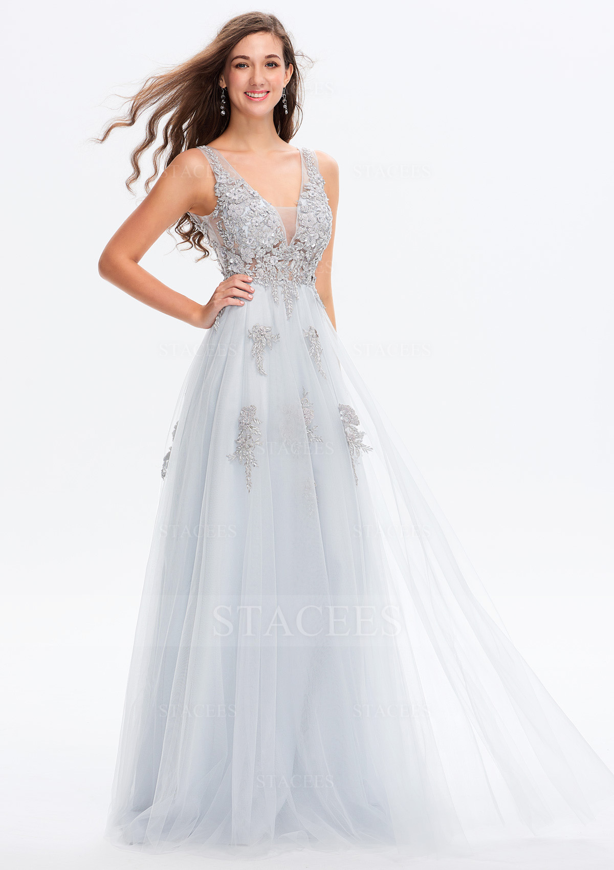 A-line V Neck Sleeveless Tulle Satin Long/Floor-Length Prom Dress With Appliqued
