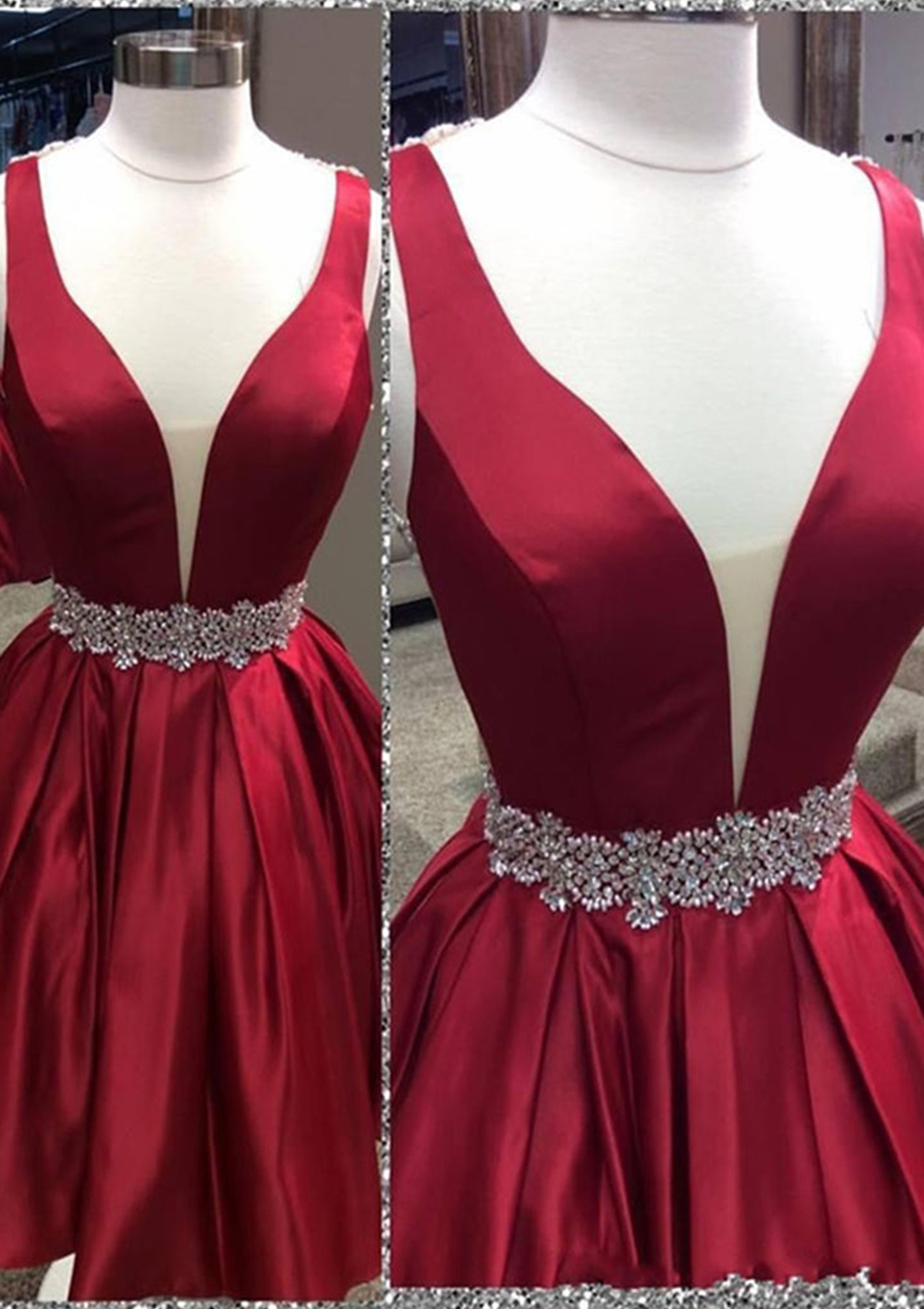 Burgundy A-line V Neck Sleeveless Satin Short/Mini Homecoming Dress With Beading Bandage - STACEES