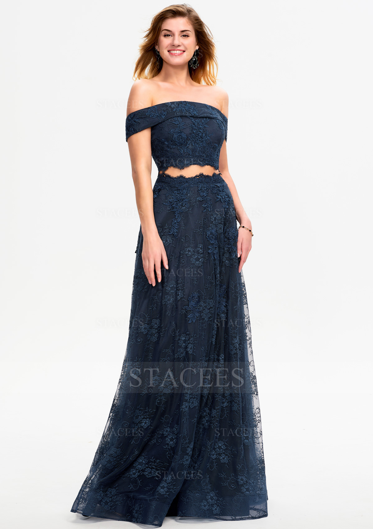 Bleu marine foncé Trapèze épaule dénudée dentelle longueur ras du sol robe de bal avec dos nu - STACEES