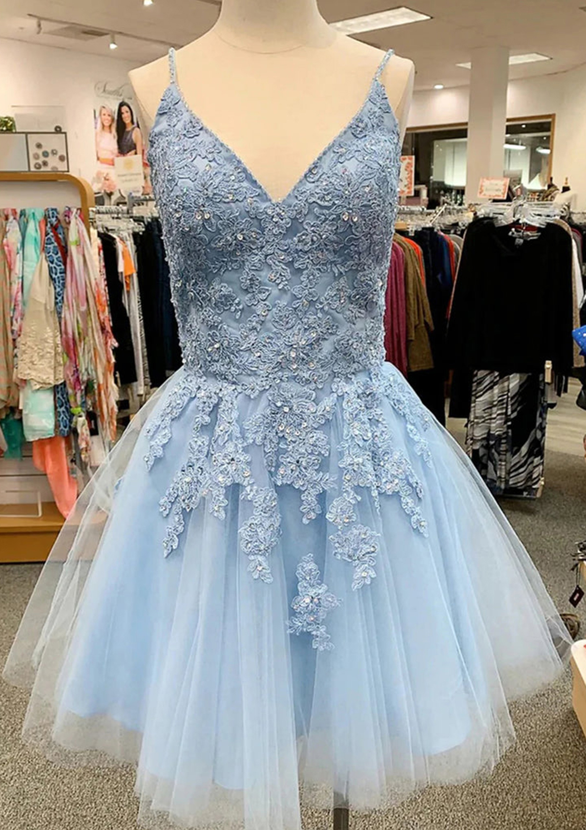 Sky Blue A-line V Neck Sleeveless Lace Tulle Satin Short/Mini Homecoming Dress With Appliqued Sequins - STACEES