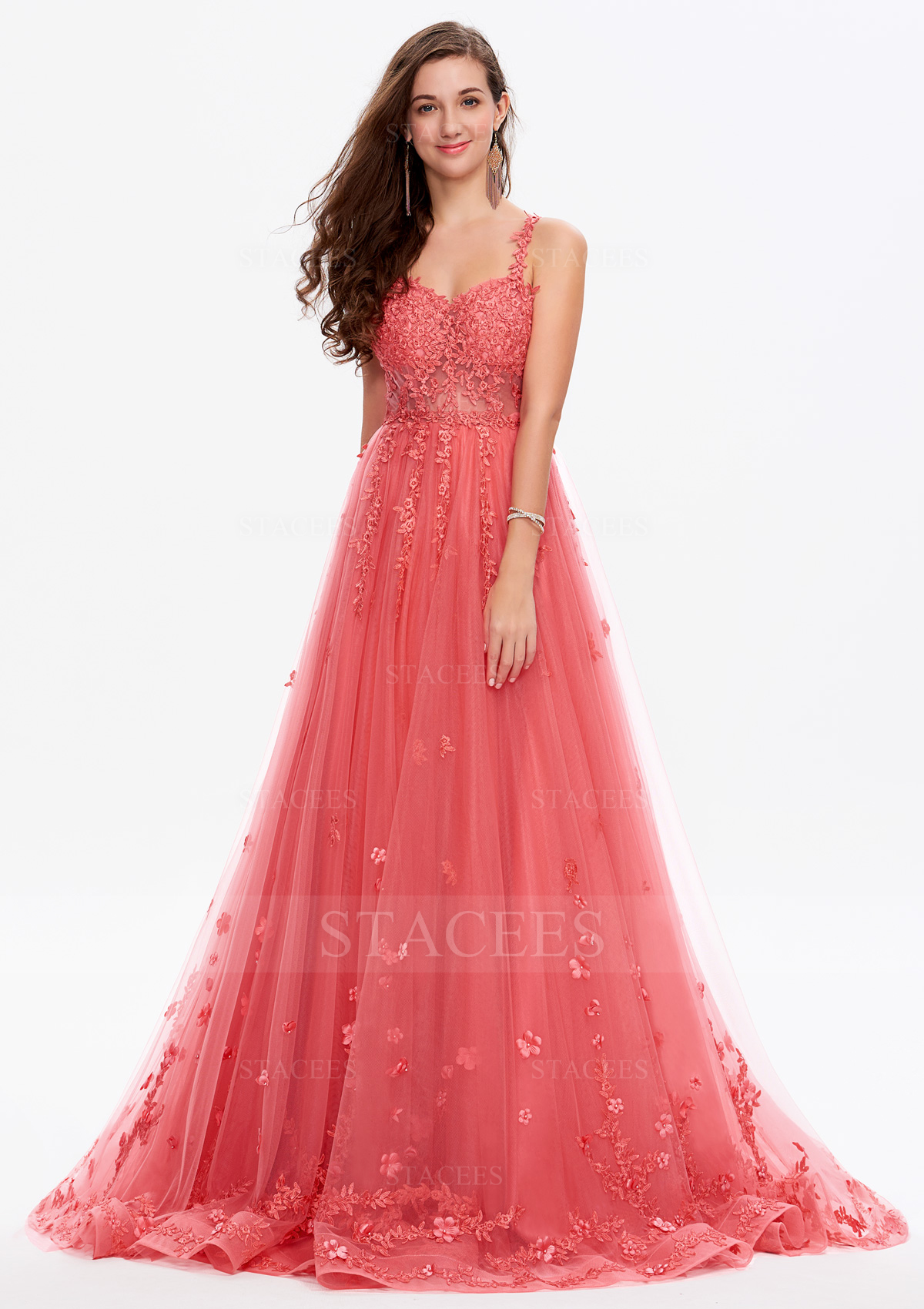 A-line Princess Sweetheart Sleeveless Lace Tulle Satin Court Train Prom Dress With Appliqued Lace Flowers