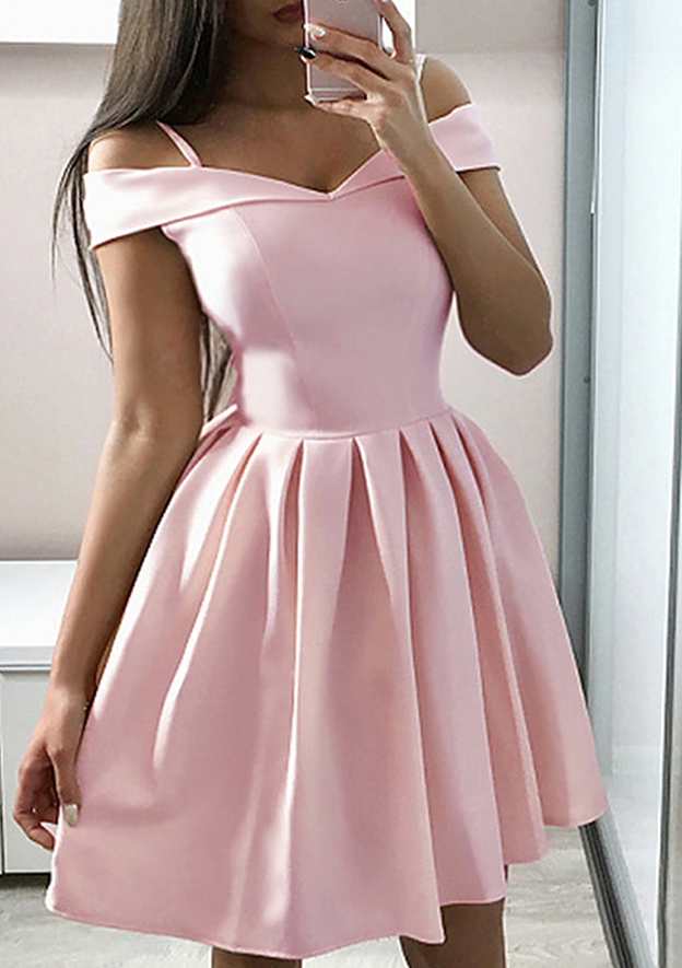 A-line Off-the-Shoulder Sleeveless Satin Short/Mini Homecoming Dress With Ruffles