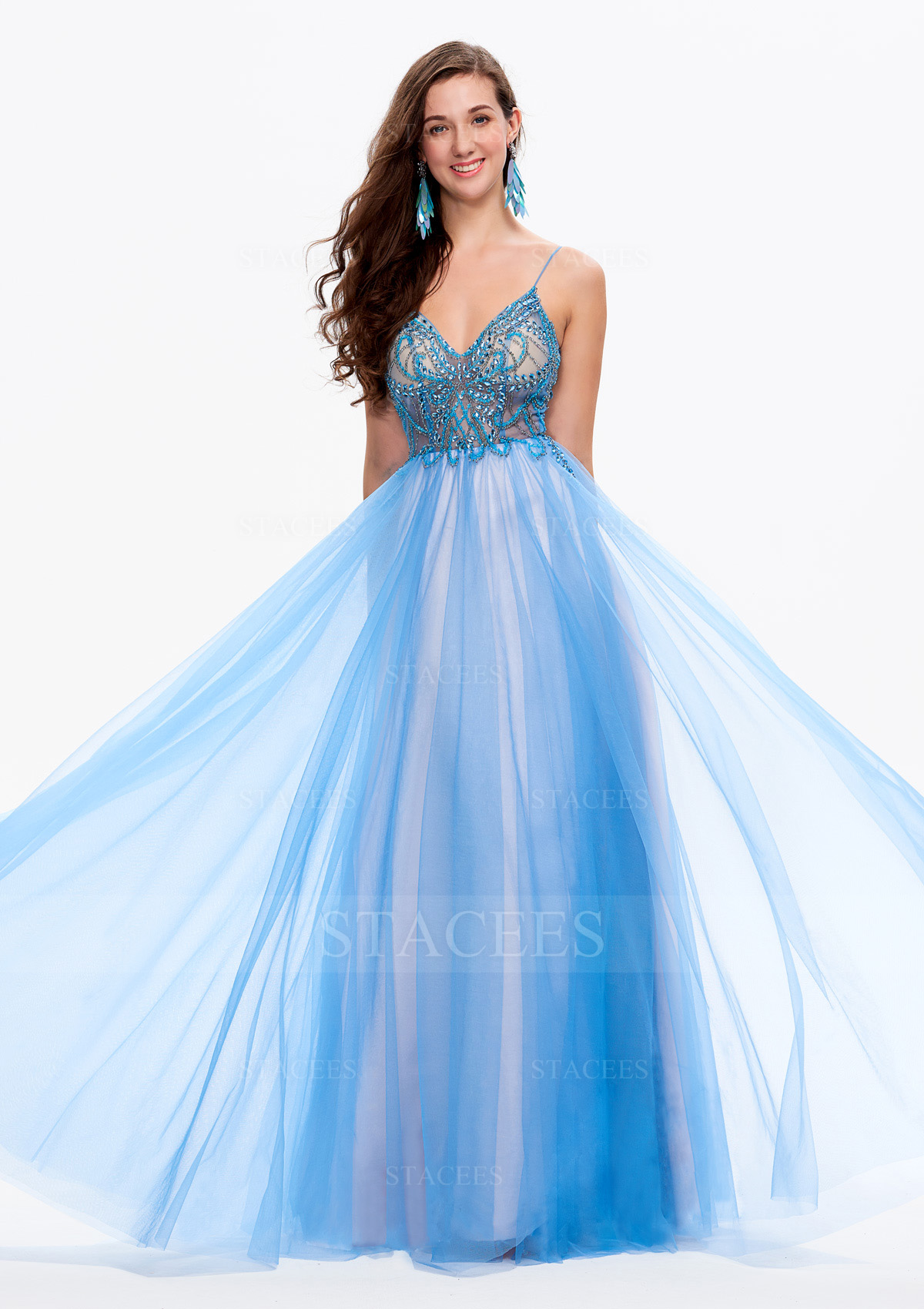 A-line V Neck Sleeveless Tulle Long Prom Dress With Beading Sequins Rhinestone