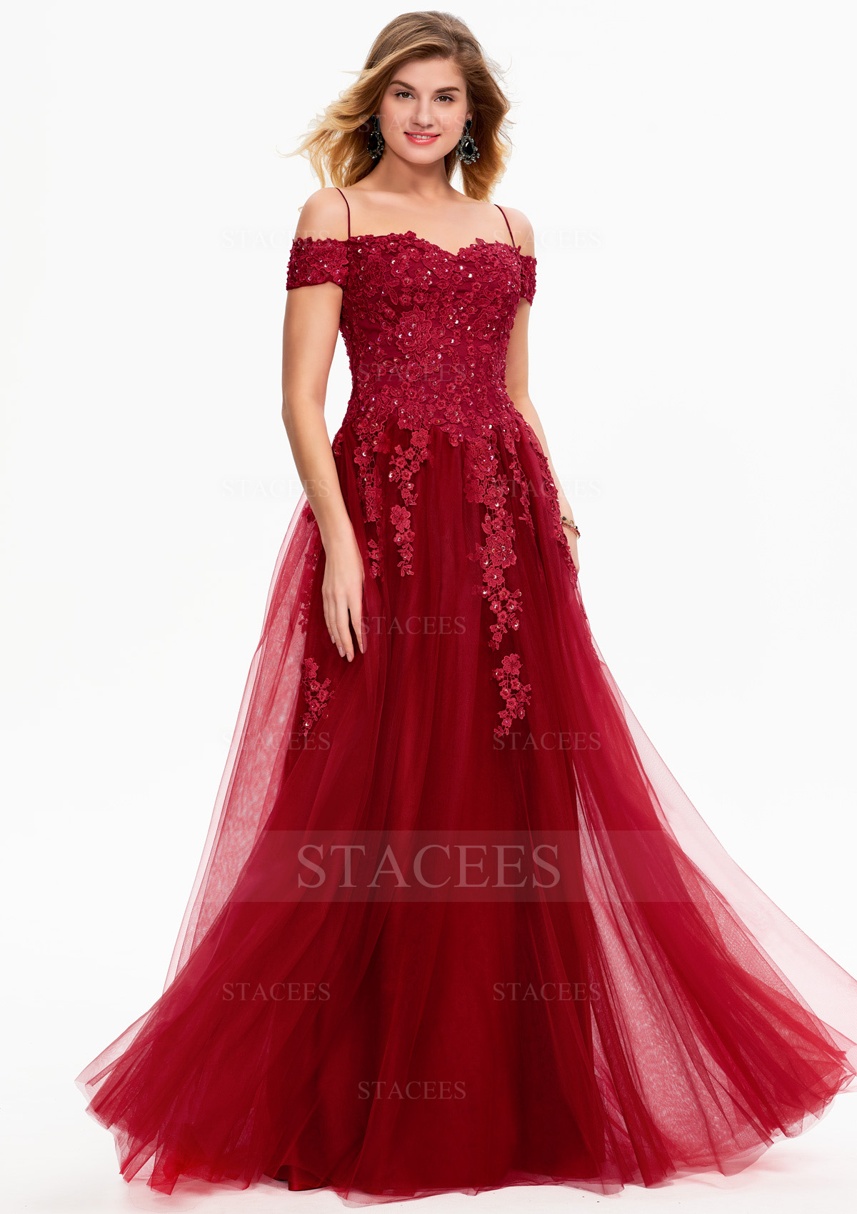 Vestido línea a princesa hombros descubiertos encaje tul hasta el suelo vestido de graduación
