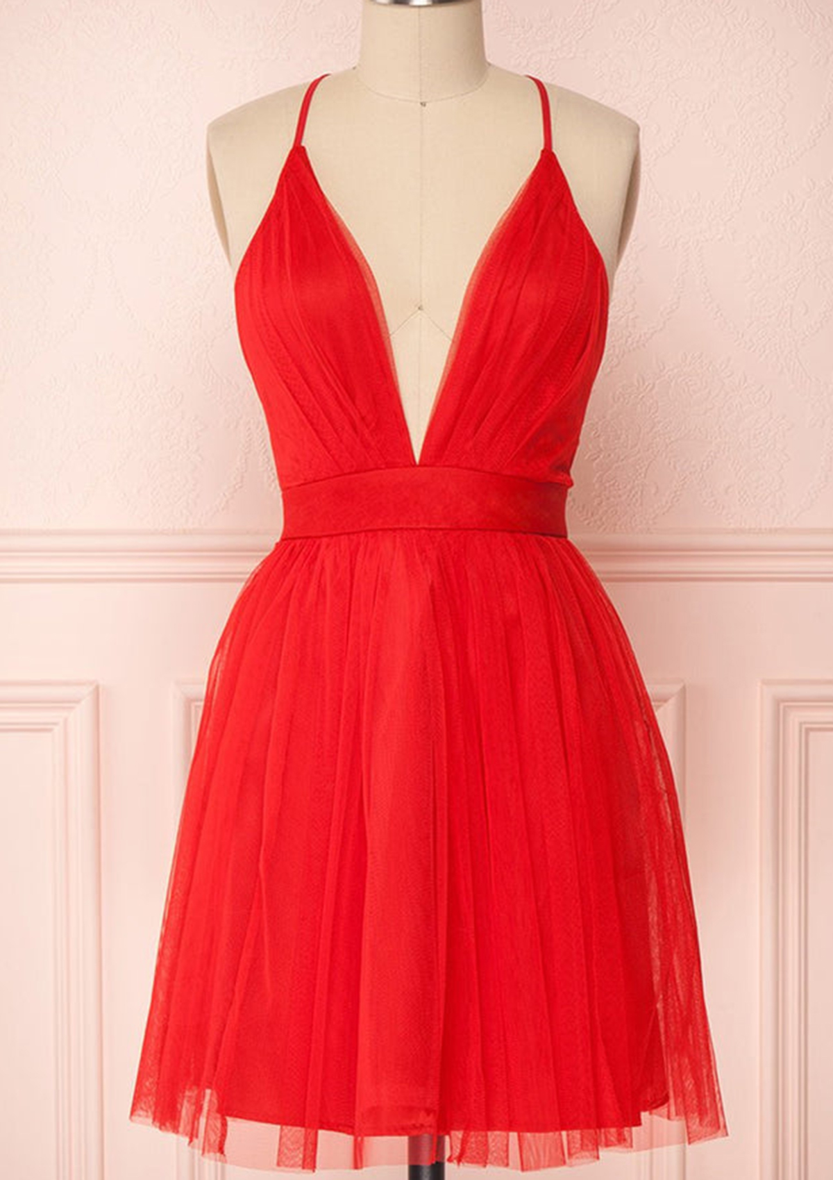 Red Plunging V Neck Tulle Short A-line Homecoming Dress With Pleated - STACEES