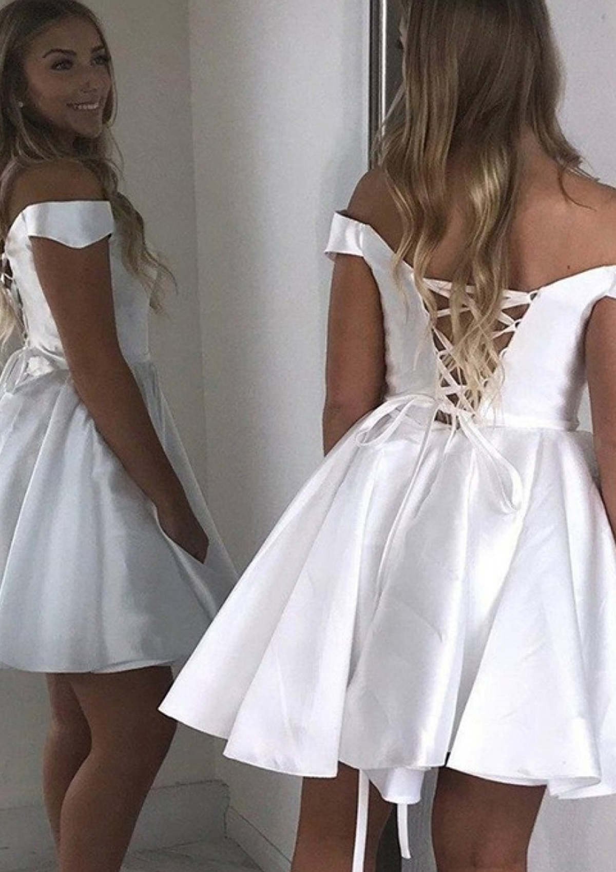 Ivory A-line Off-the-Shoulder Sleeveless Satin Short/Mini Homecoming Dress With Sashes - STACEES