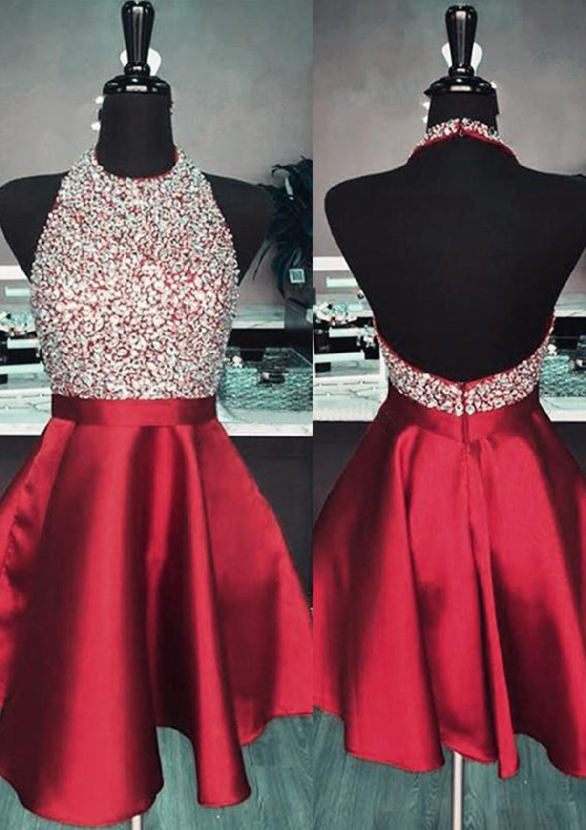 Burgundy A-line Halter Sleeveless Satin Short/Mini Homecoming Dress With Beading Sequins - STACEES