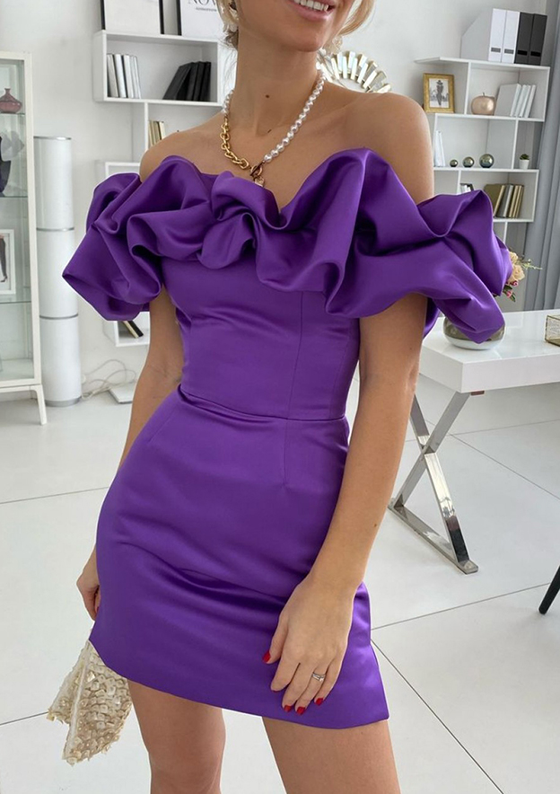 Sheath/Column Off-the-Shoulder Sleeveless Satin Short/Mini Homecoming Dress With Ruffles