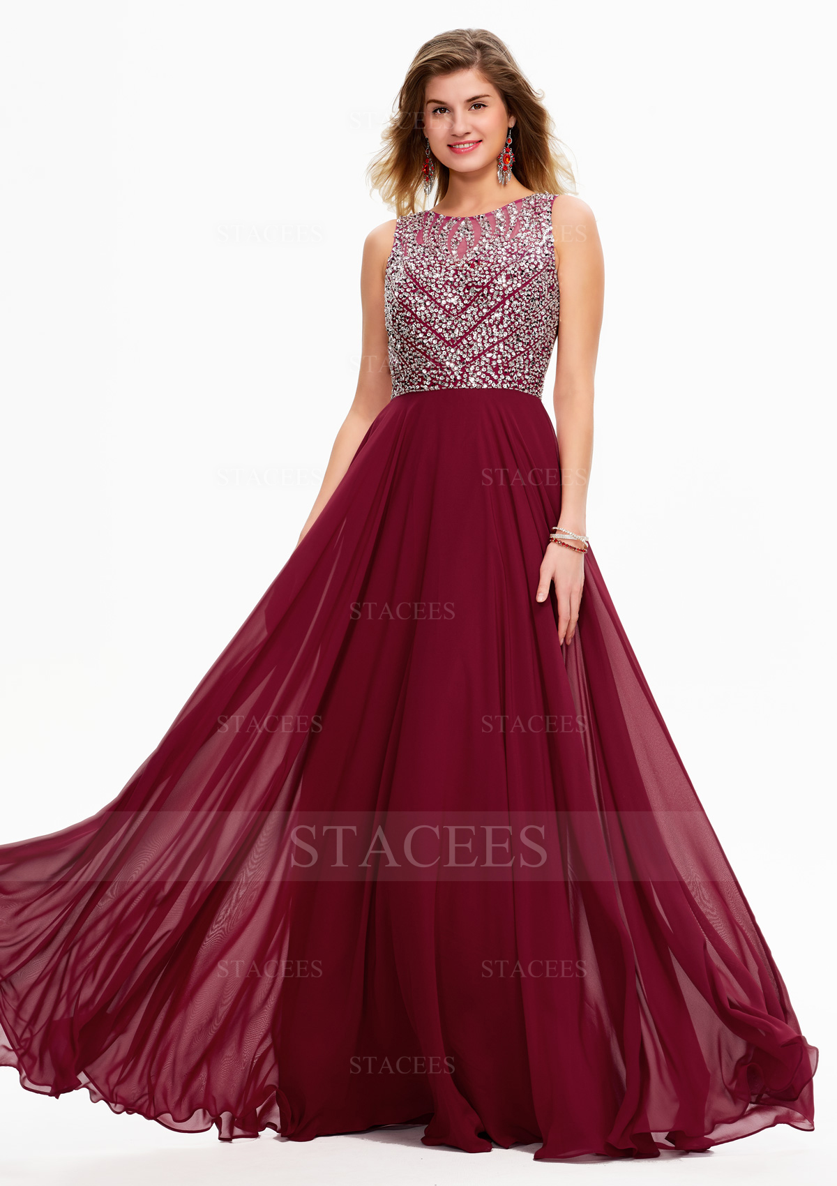 Trapèze col rond mousseline long/ras du sol robe de bal avec beading sequins