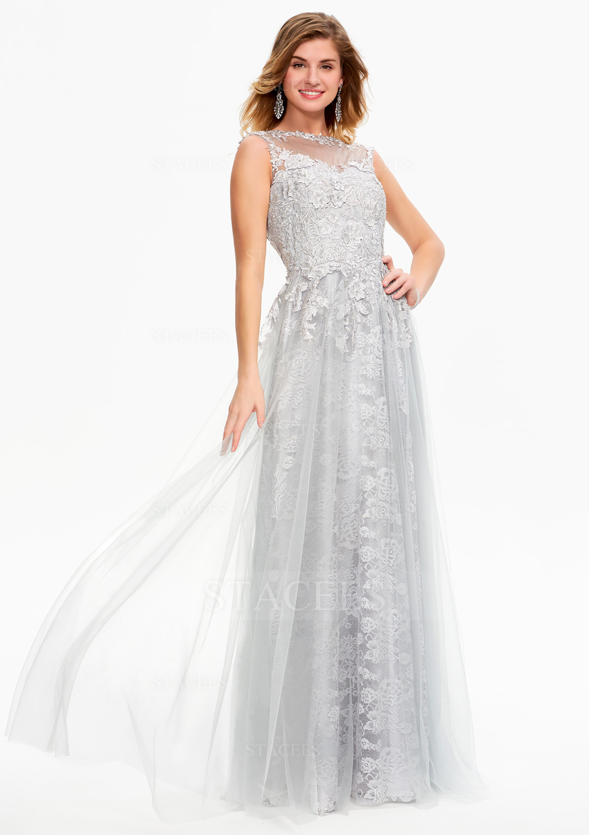 Robe trapèze col festonné dentelle tulle longueur ras du sol robe de bal avec fleurs strass
